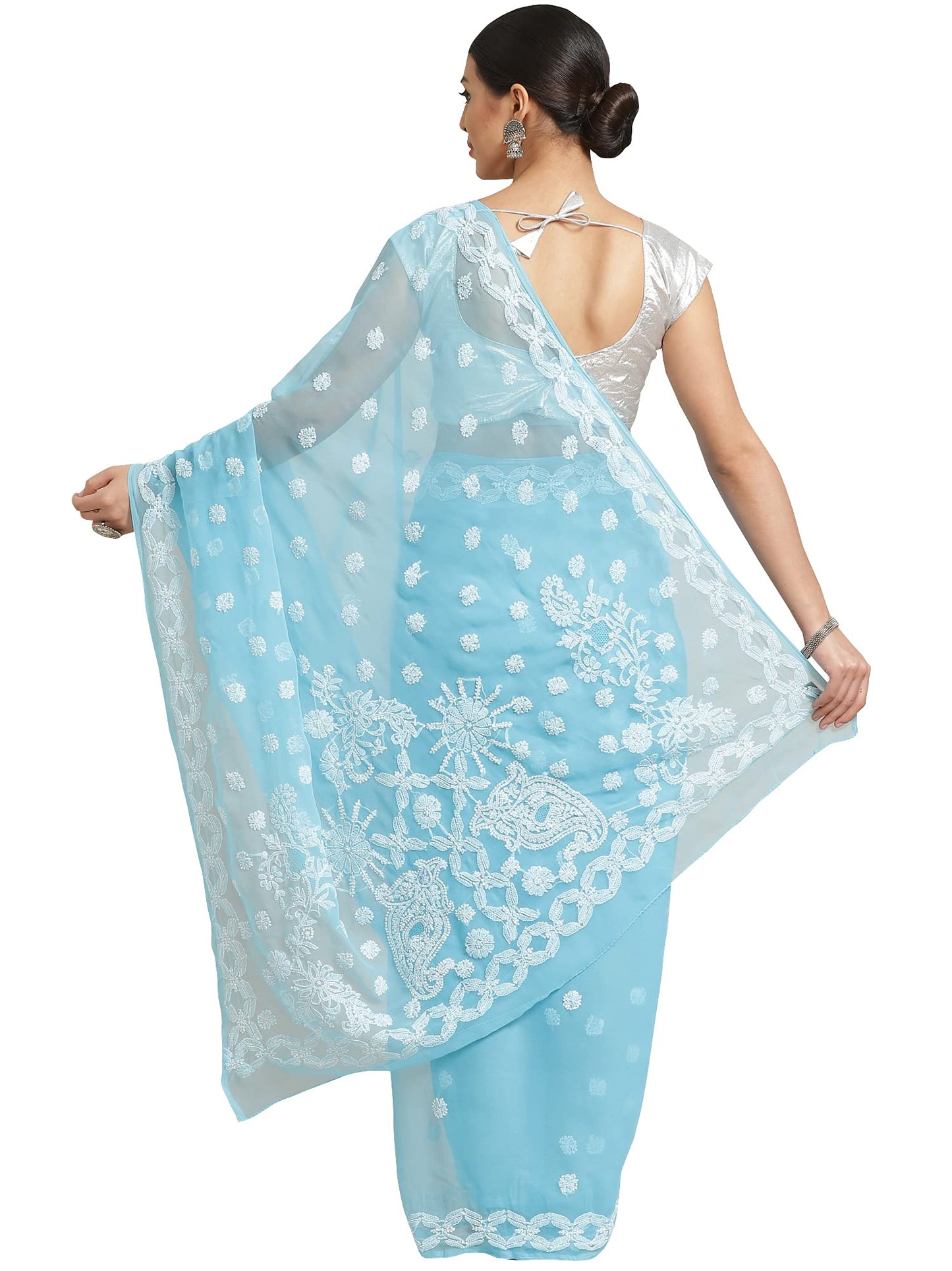 Ada Women Hand Embroidered Lucknowi Chikankari Georgette Saree With Unstitched Blouse Piece A129562, Blue