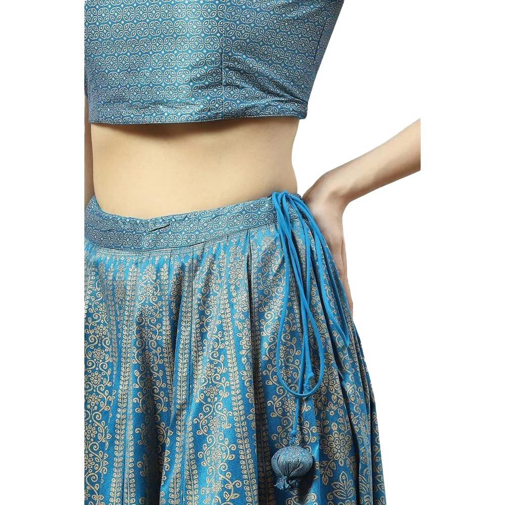 BIBA Women's Polyester Lehenga Set Readymade Printed Flared Salwar Kurta Dupatta(Skdfestive 8367_Turquoise_36)