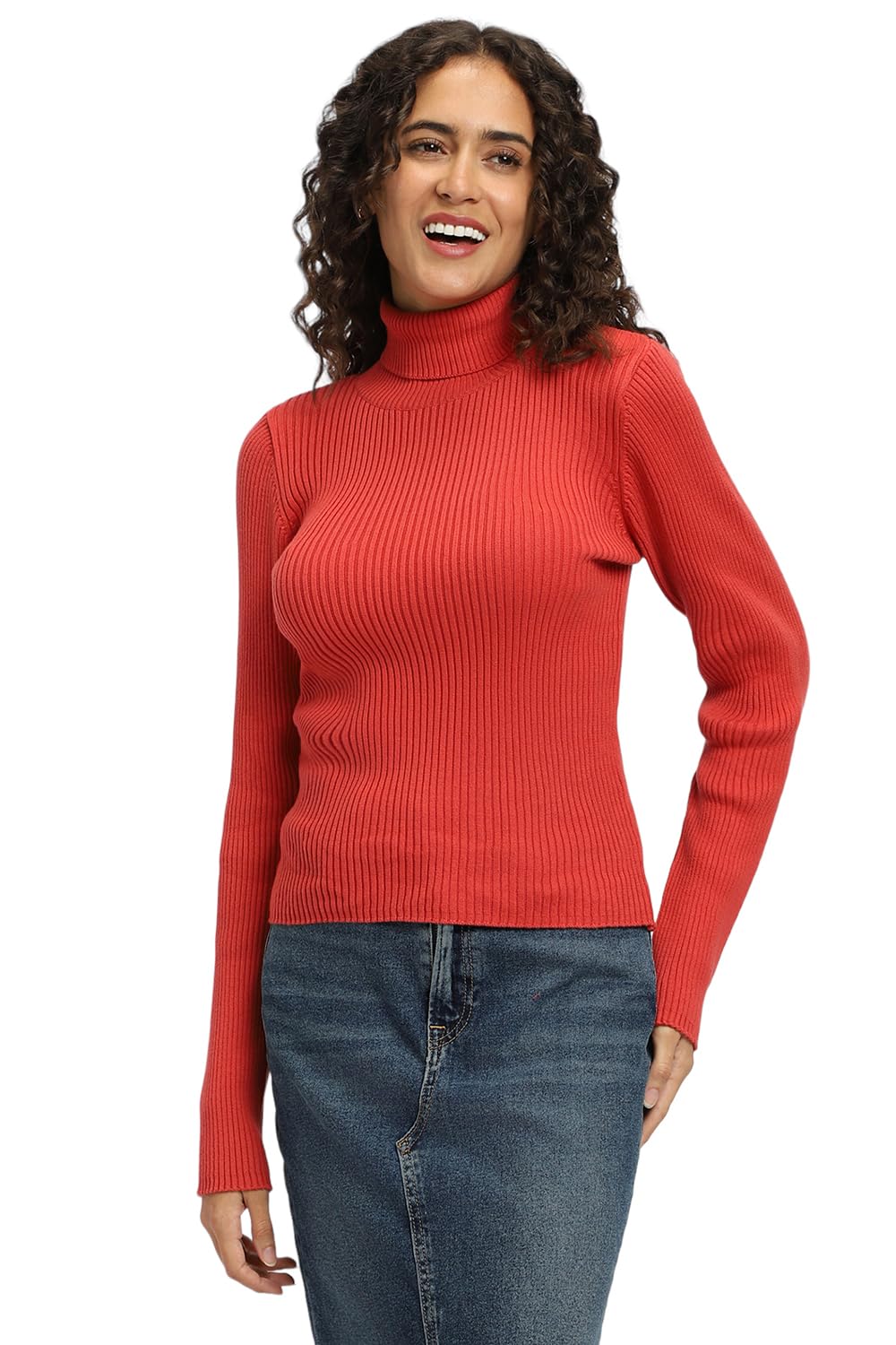 FOREVER 21 Women's Cotton High Neck Sweater (598055_Red