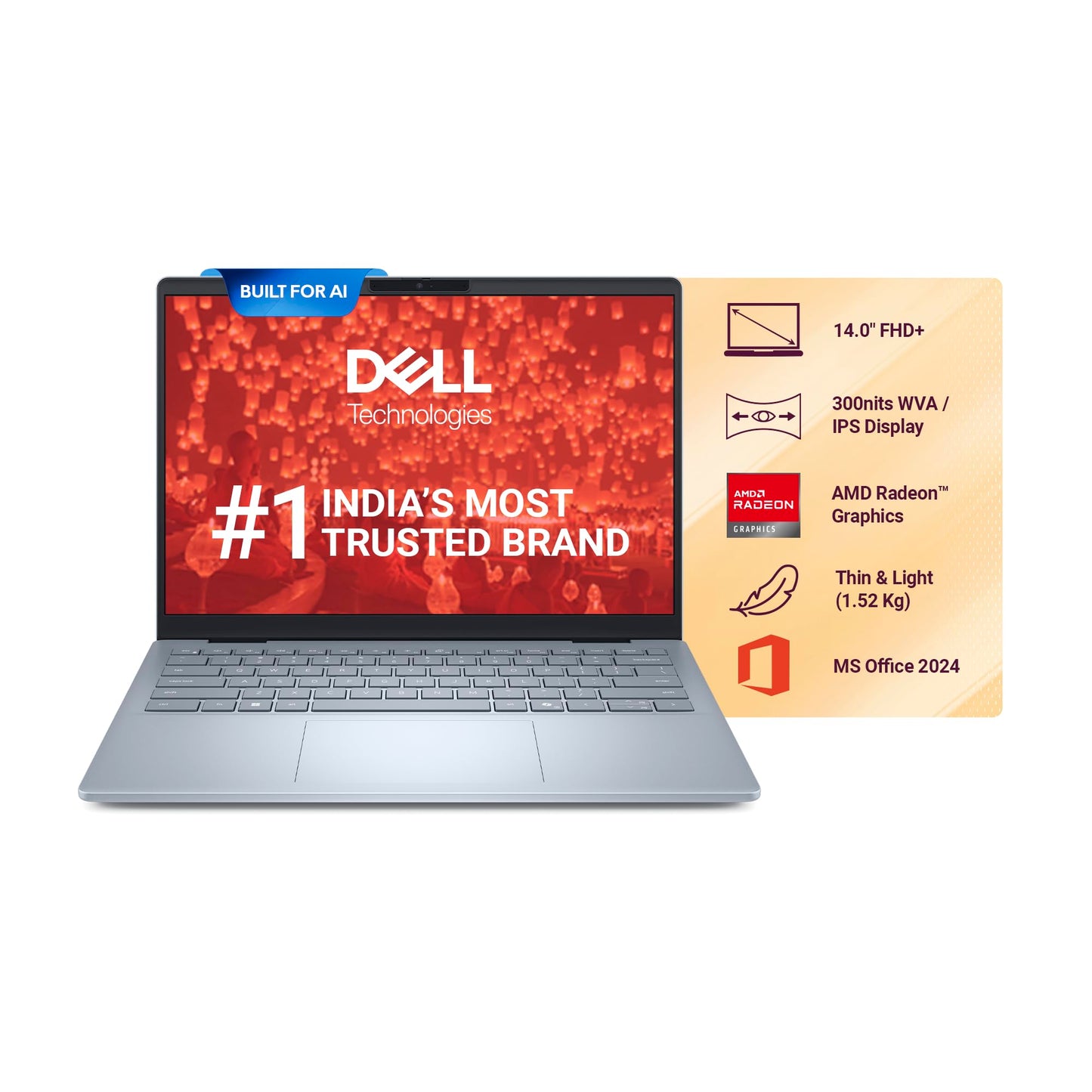 Dell 14, AMD Ryzen AI R7-350 Processor, 16GB LPDDR5X RAM, 1TBSSD, FHD Plus 14"/35.56cm, Win 11+Office H&S 2024, Ice Blue, 1.52Kg, 300Nits Display,AMD Radeon Graphics, Backlit+FPS KB, AI Powered Laptop