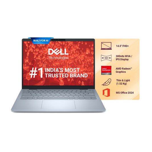 Dell 14, AMD Ryzen AI R7-350 Processor, 16GB LPDDR5X RAM, 1TBSSD, FHD Plus 14"/35.56cm, Win 11+Office H&S 2024, Ice Blue, 1.52Kg, 300Nits Display,AMD Radeon Graphics, Backlit+FPS KB, AI Powered Laptop