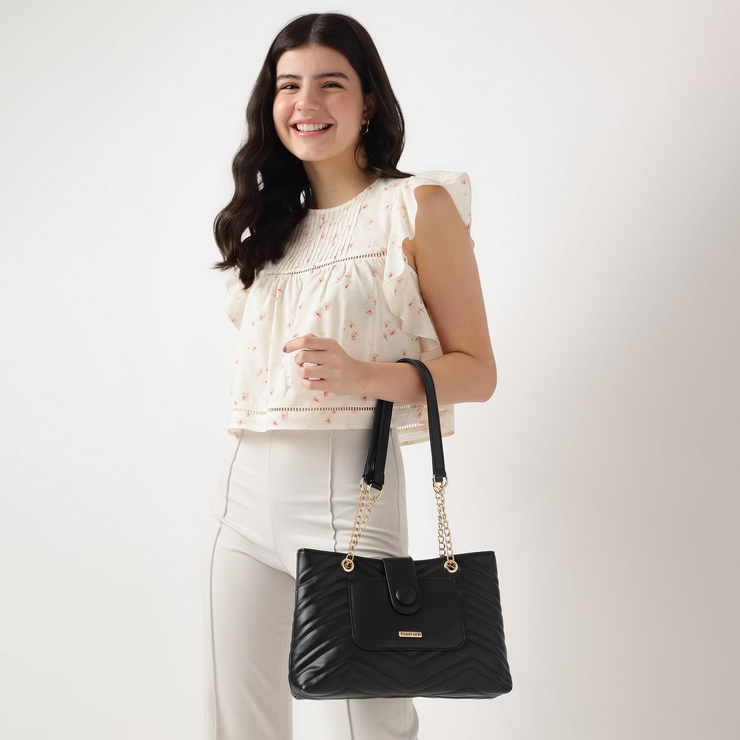 Fastrack Quilted Structured Tote Bag with Semi-Metallic Shoulder Strap for Women, Girls and Ladies