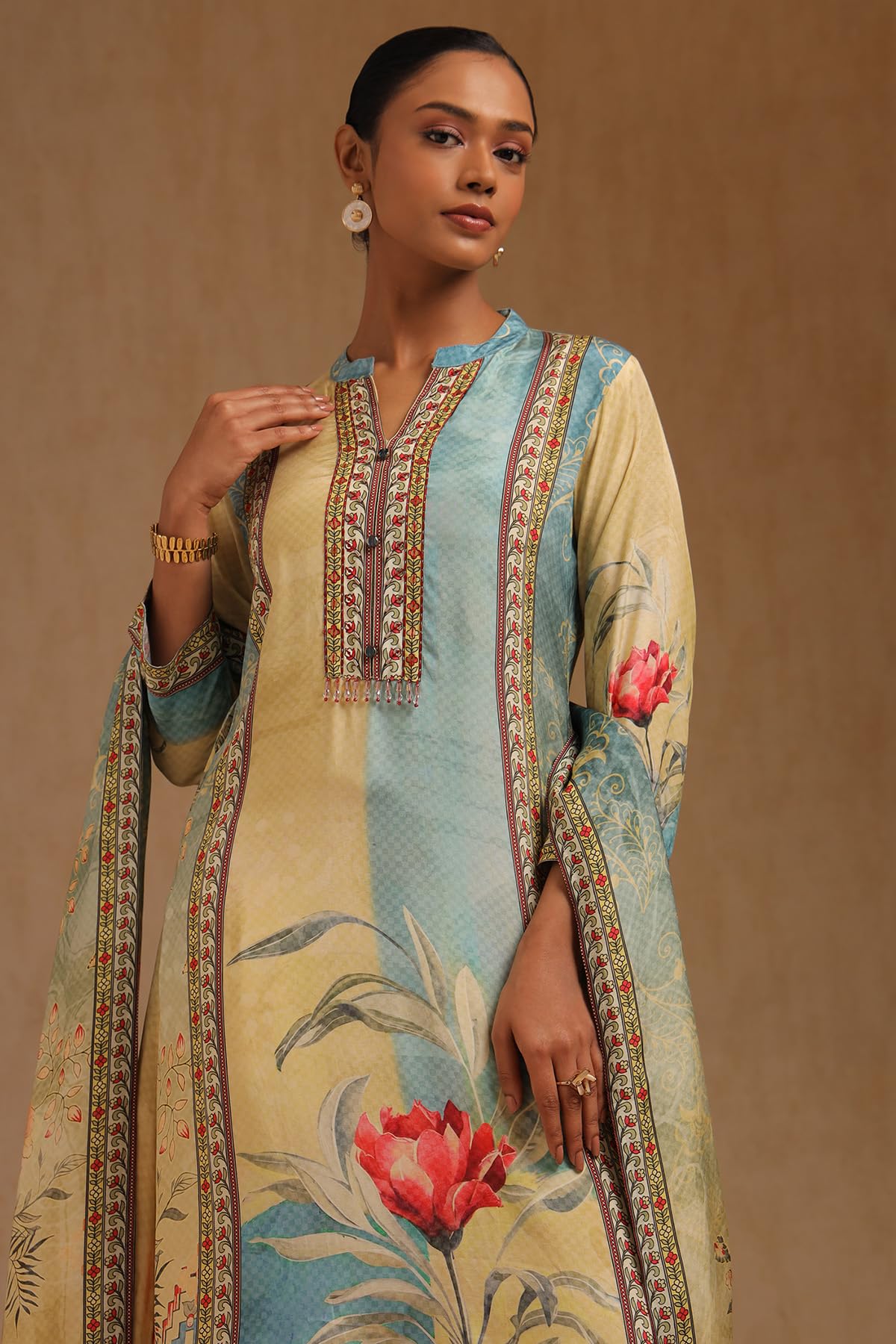 Soch Womens Yellow Muslin Floral Print Suit Set With Beads