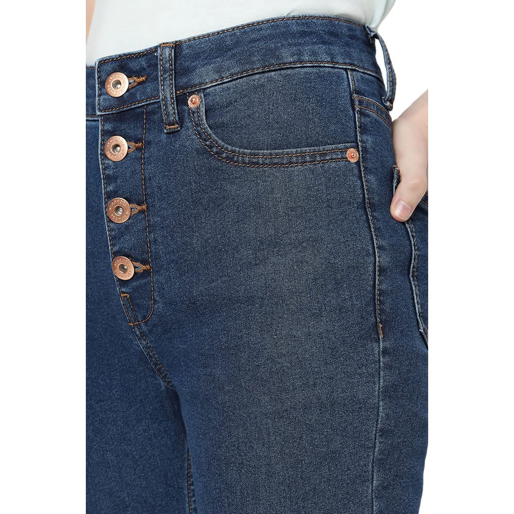 VERO MODA Women Solid Dark Blue Cotton-Organic Bootcut Fit High-Rise Jeans