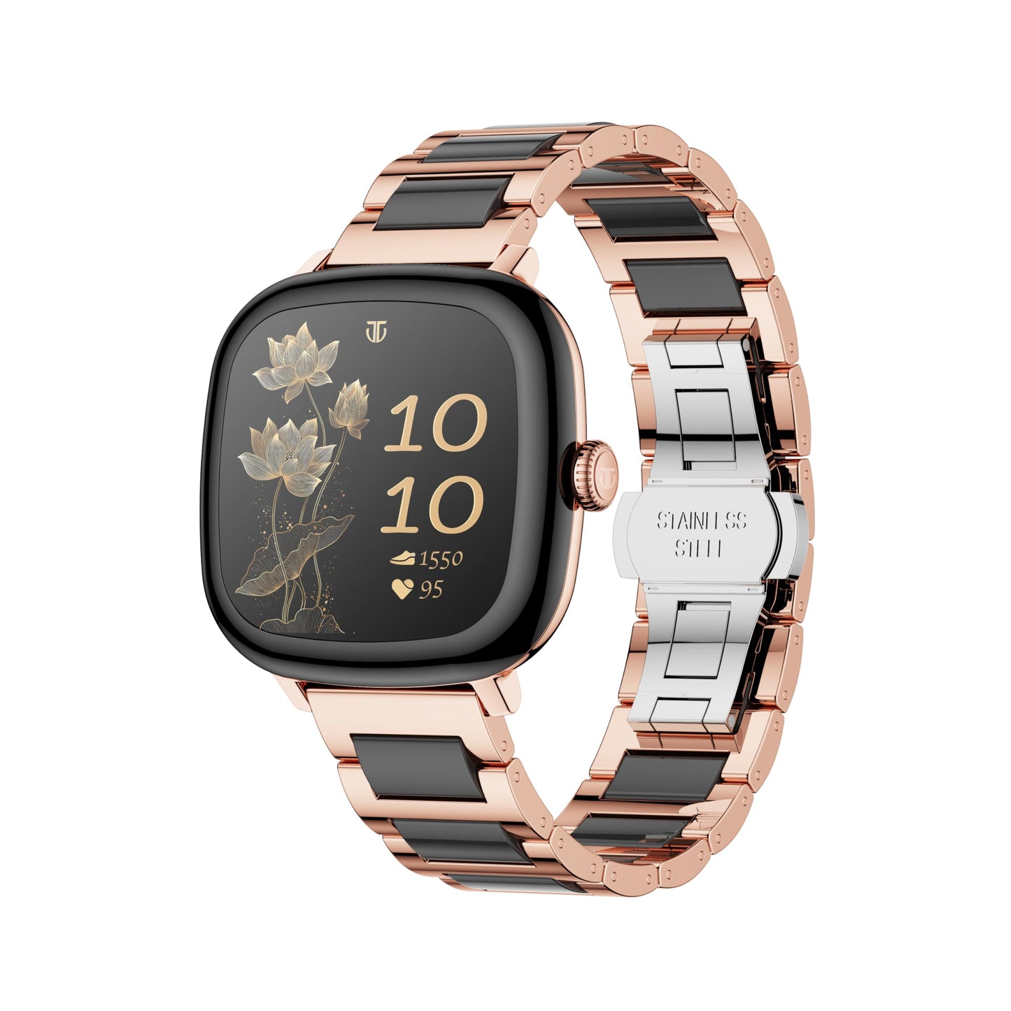Titan AiRA 1.70" AMOLED Metal Case Square Display Smart Watch With Silicone Strap Stress Monitoring,1000 Nits, Functional Crown, AI Enabled,IP68 Water resistant Upto 5 Days Battery - Rose Gold+Ceramic