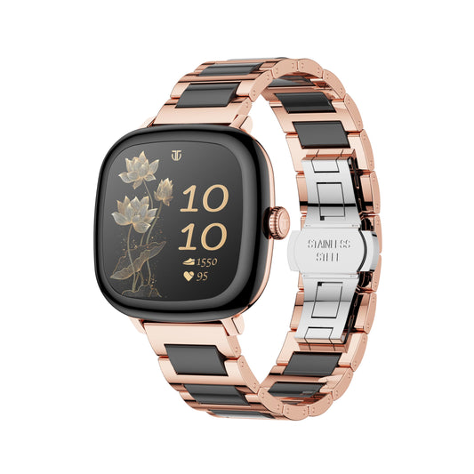 Titan AiRA 1.70" AMOLED Metal Case Square Display Smart Watch With Silicone Strap Stress Monitoring,1000 Nits, Functional Crown, AI Enabled,IP68 Water resistant Upto 5 Days Battery - Rose Gold+Ceramic