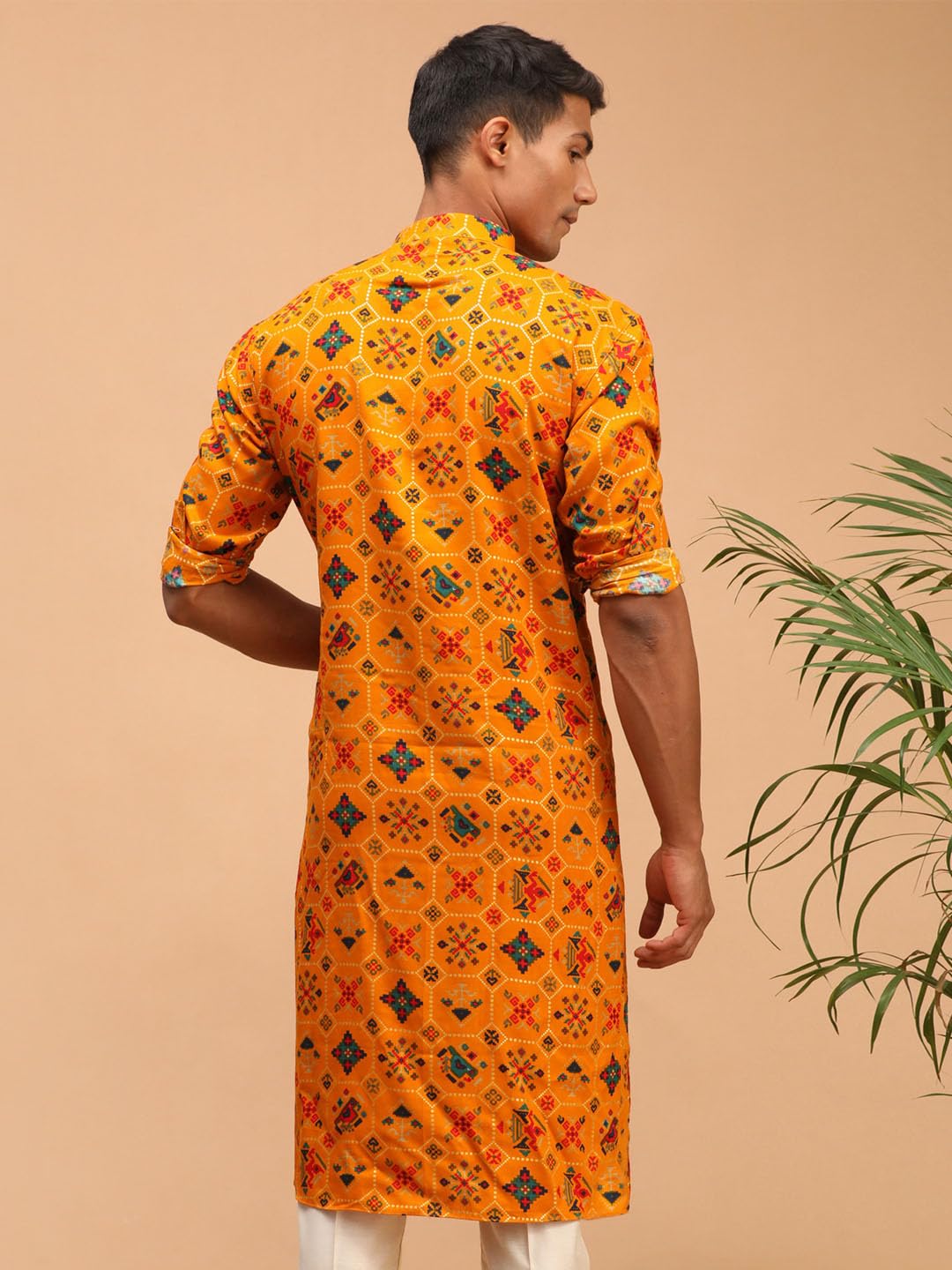 VASTRAMAY Men's Longline Pathani Style Rayon Printed Kurta with Foil Print Detailing | Perfect for Navratri Yellow