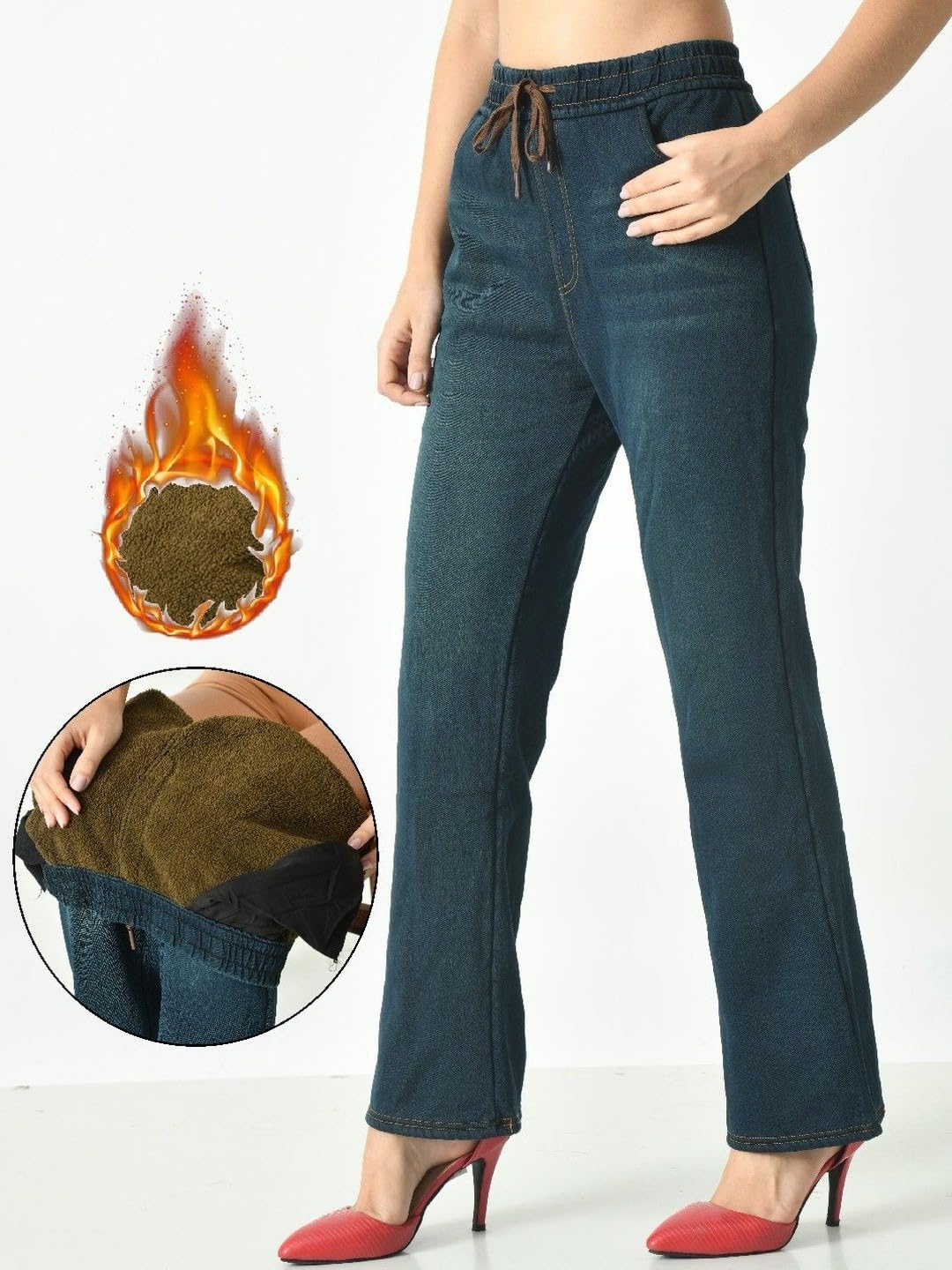ogimi - ohh Give me Women Fleece Lined Winter Warm Thermal Denim Pant Blue