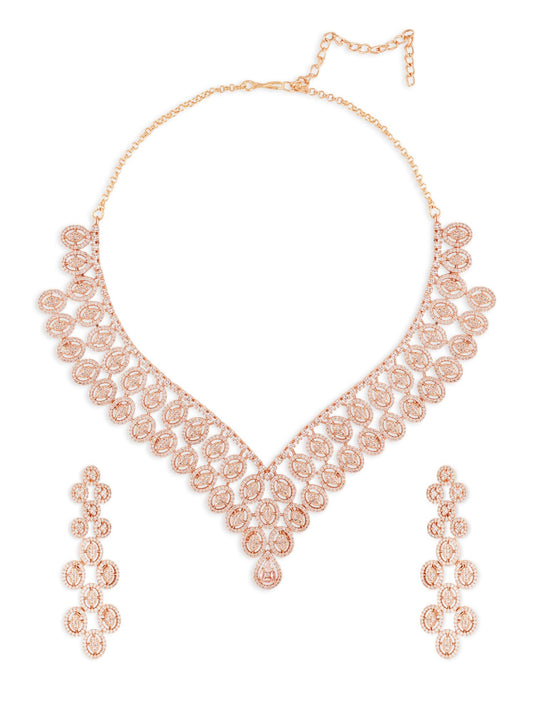 ZAVERI PEARLS Rose Gold Cubic Zirconia Contemporary Brass Necklace & Earring Set For Women-ZPFK21107