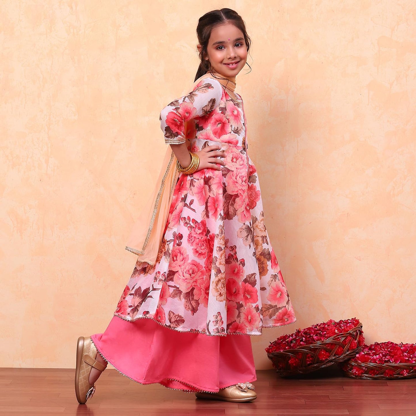 Biba Girls White Flared Poly Modal Printed Kurta suit set