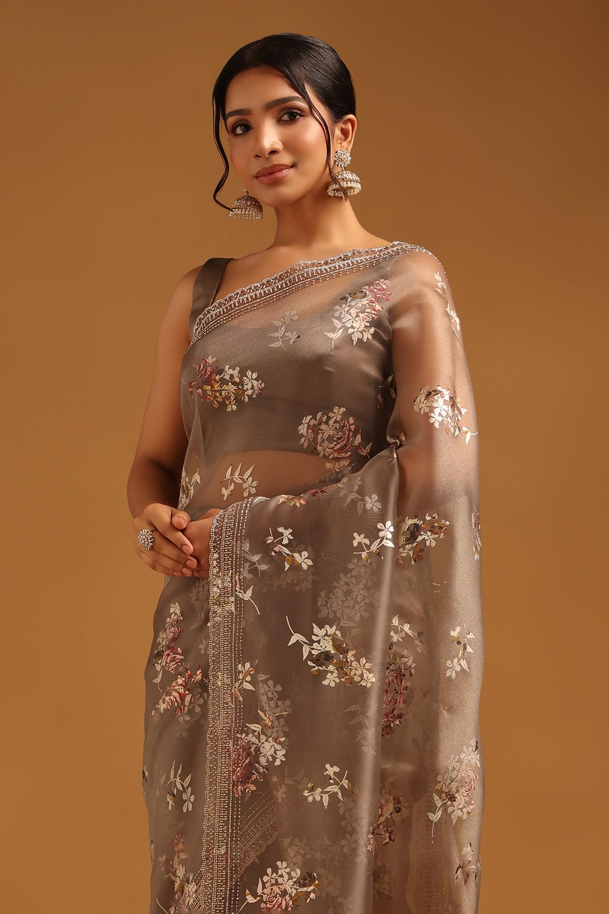 Soch Womens Grey Organza Floral Saree With Stone Work