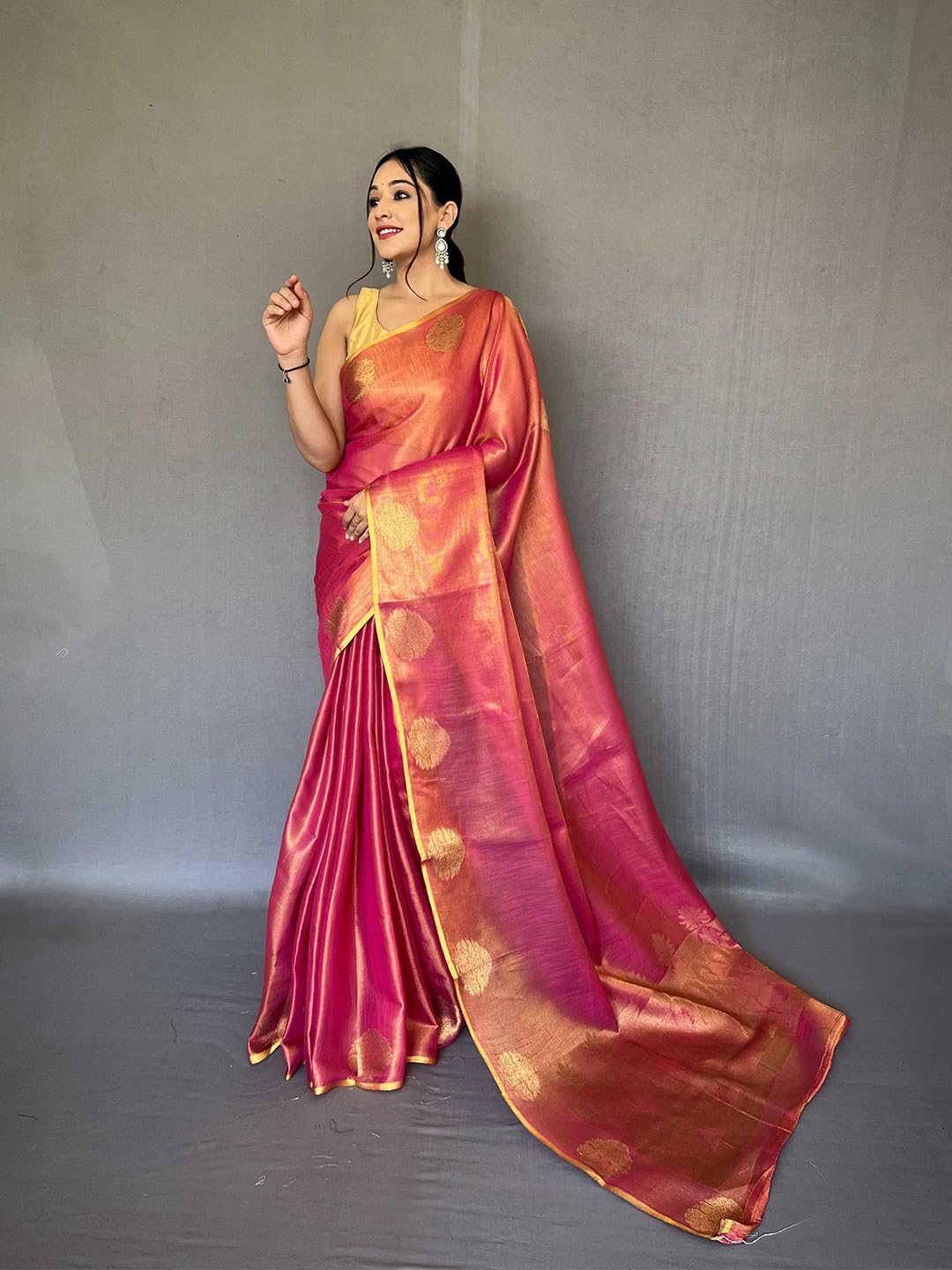 SWORNOF Gold-Toned Woven Design Silk Zari Tissue Saree | Saree for Women | Soft and Skin Friendly (RANI)