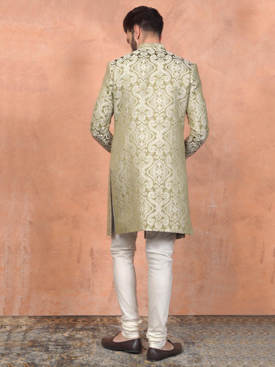 KISAH Sherwani for Men Wedding – Embroidered Indo Western Sherwani with Churidar | Designer Ethnic Outfit for Groom & Festivals, Olive, 40