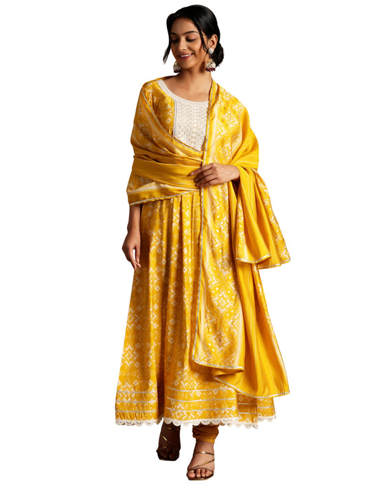 Libas Mustard Printed Silk Blend Anarkali Kurta With Churidar & Dupatta