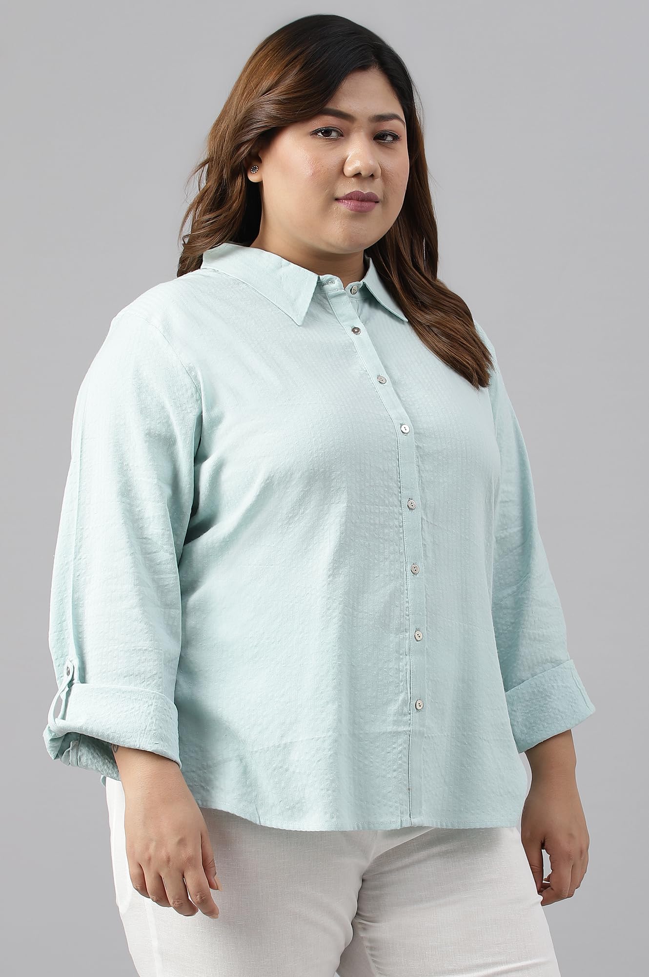 W for Woman Light Blue Western Buton-Down Plus Size Top_23FEW31250G-312294_5XL