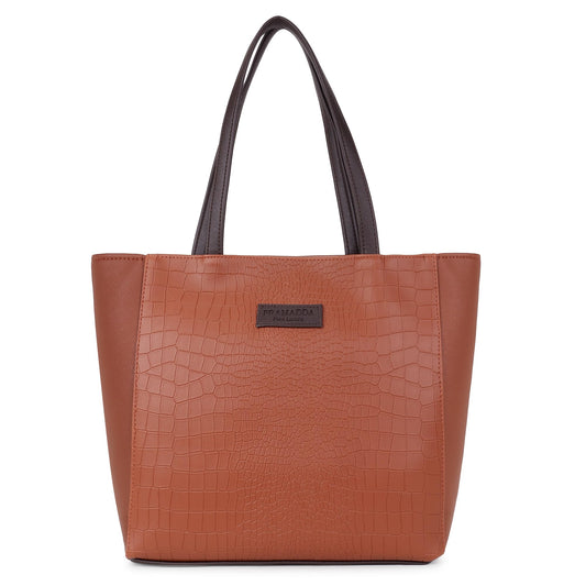 Pramadda Pure Luxury Stylish Faux Leather Tote Bag For Women | Shoulder Handbag For College Office Daily Use | Solid Checks Dual Tone | Gift Item For Women. (Tan)