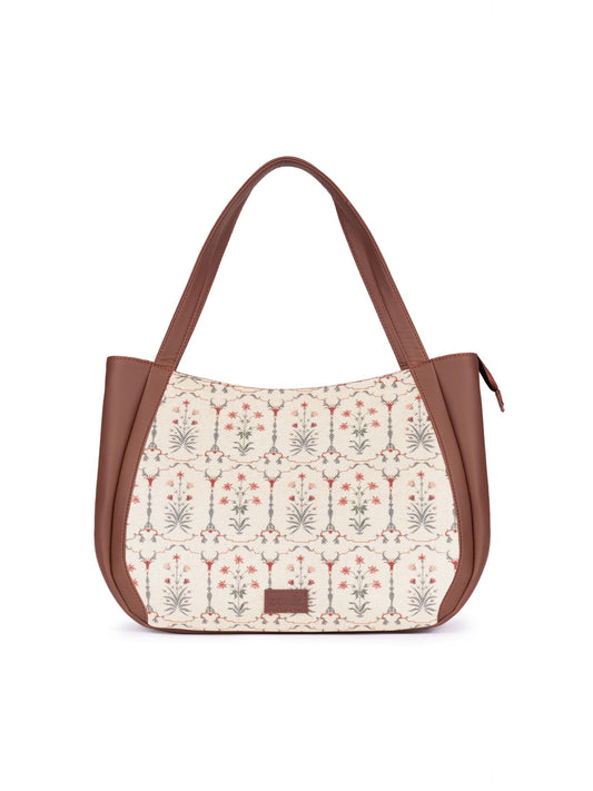 ZOUK Taj Nakashi Floral Printed Jute Handcrafted Vegan Leather Lemon Yellow Women's Shoulder Luna Handbags | Ladies Purse Handbag