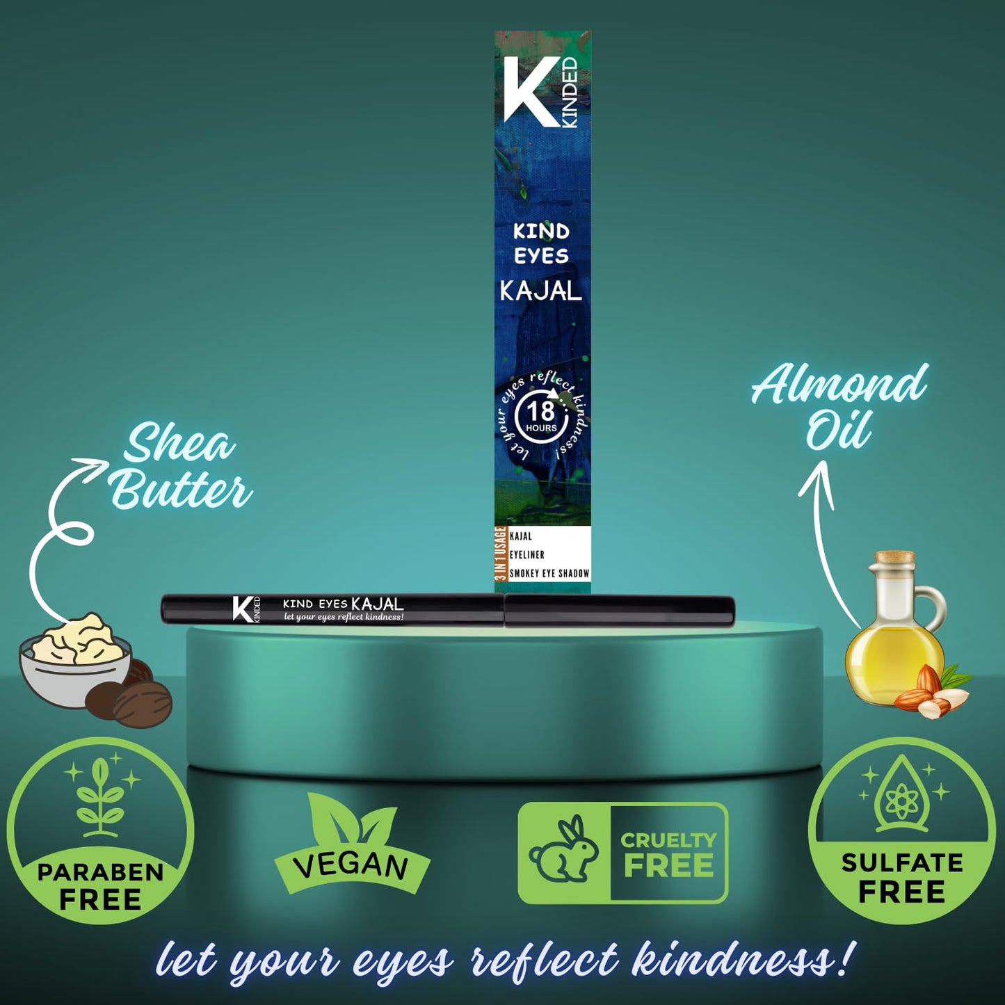 KINDED Kind Eyes Kajal 3 in 1 Kohl Kajal Eye Liner Smokey Eye Shadow Waterproof Smudge Proof 18 Hours Colour One Stroke Auto Kajal Pencil (Combo 0.35 gm each, Boundless Black & Treasured Turquoise)