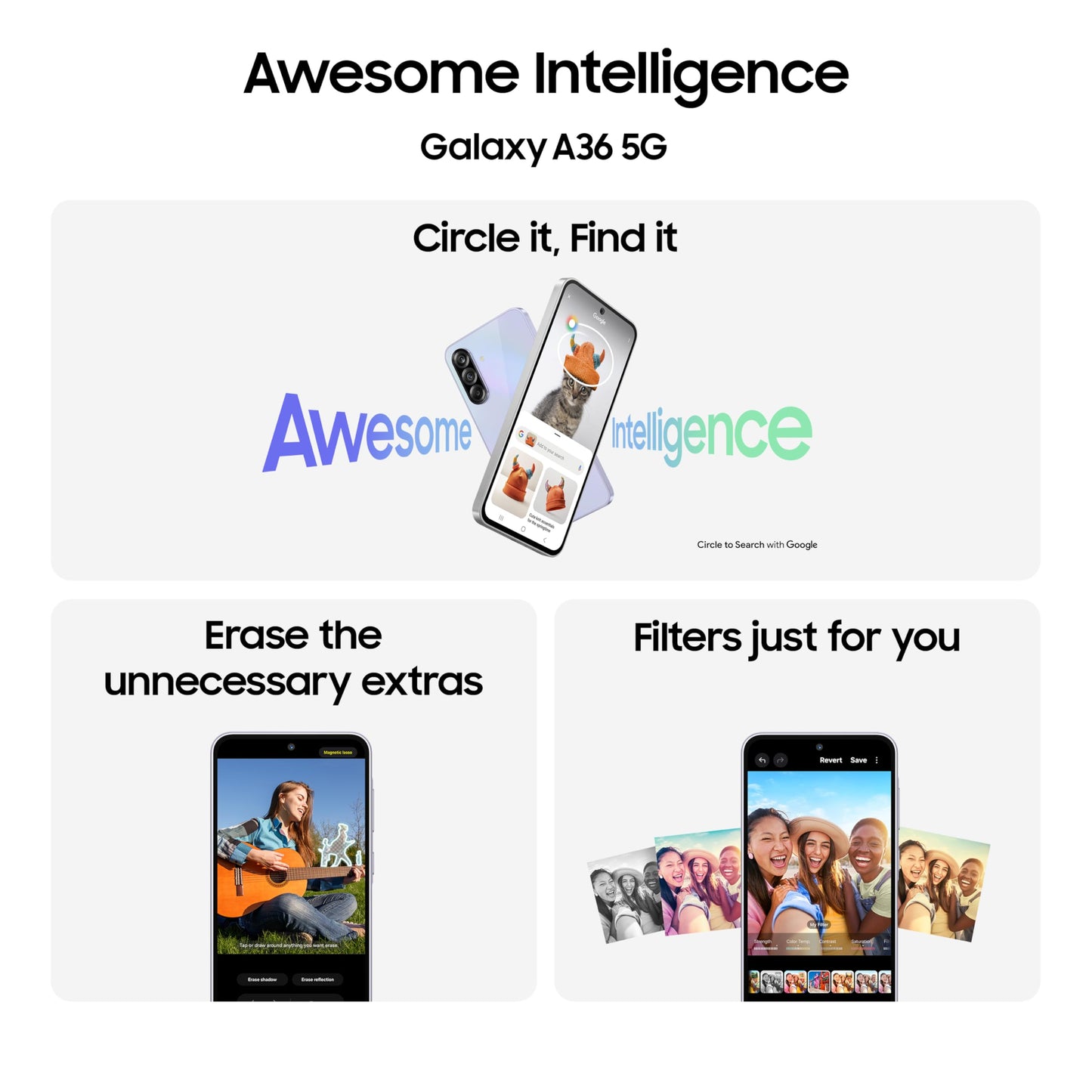 Samsung Galaxy A36 5G (Awesome Black, 8GB, 128GB) | Awesome Intelligence: Circle to Search, Intelligent Editing | Awesome 4nm Snapdragon Processor | Flagship Grade Selfie Camera