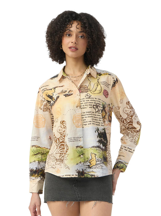 The Souled Store Winnie The Pooh: Wonderland Women and Girls Long Sleeves Collared Neck Button Front Beige Printed Regular Fit Cotton Shirts