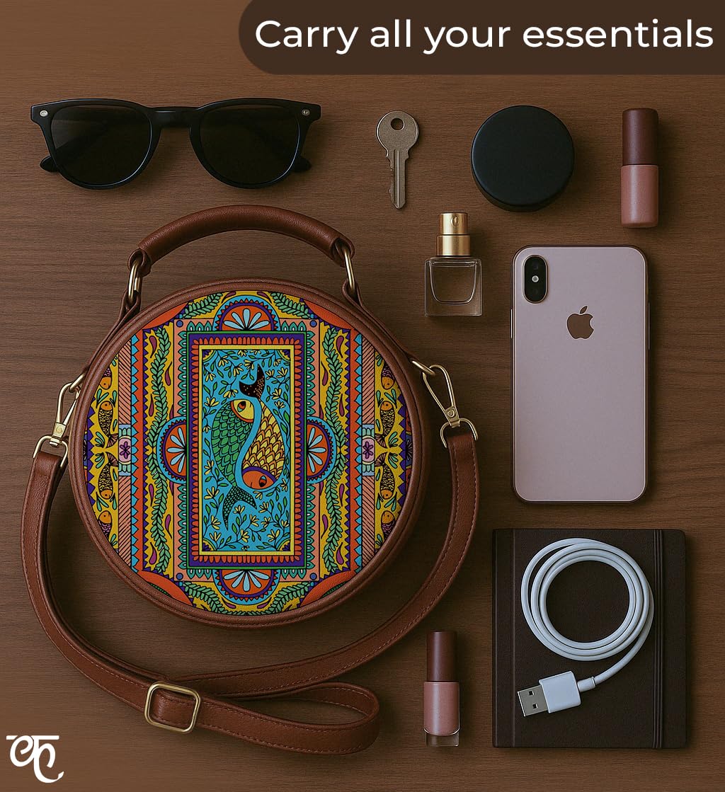 Kalankit Round Women Sling Bag | Stylish Pure Vegan Leather Crossbody Bag for Girls and Ladies | Detachable Shoulder Strap & Zipper Flap Bag | Multicolor