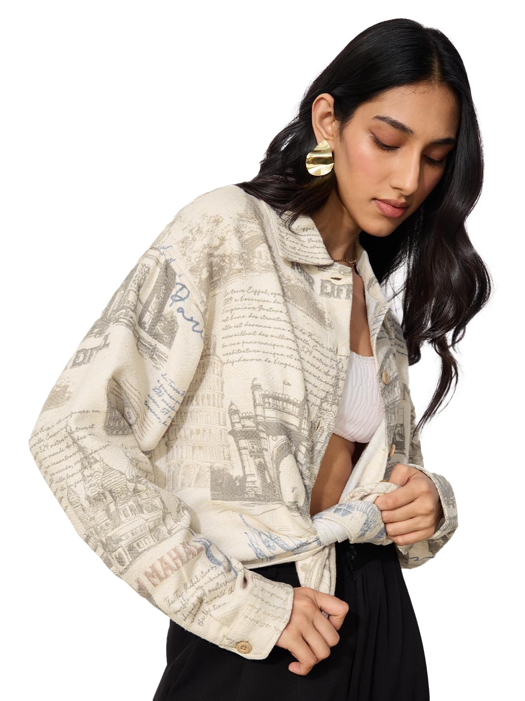 The Souled Store Monuments Women and Girls Long Sleeves Collared Neck Button Front Biege All Over Printed Cotton Boyfriend Shirts