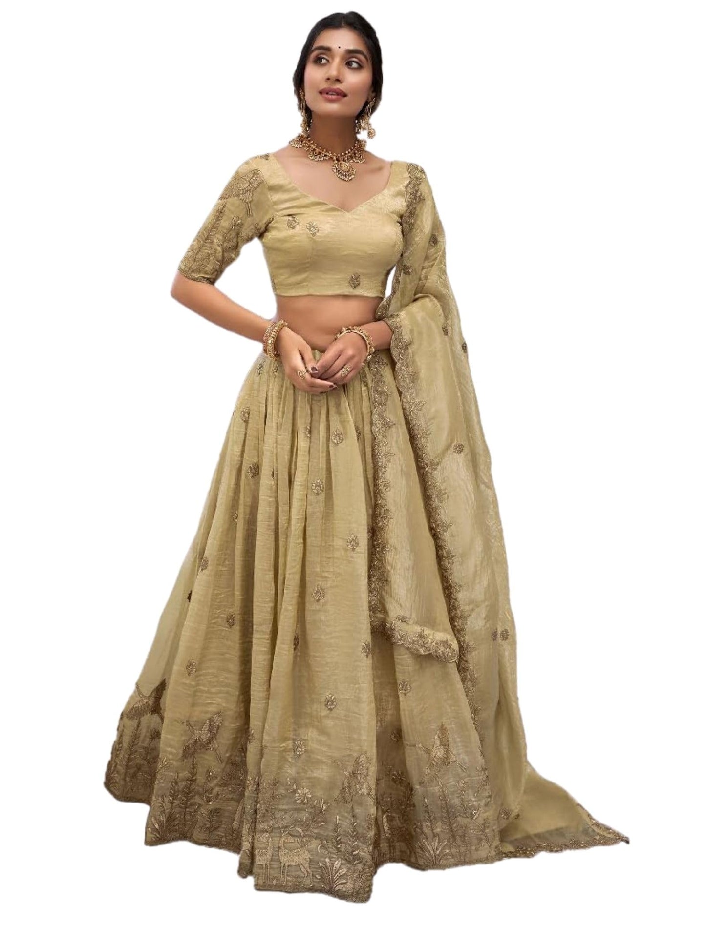 JIHU CULTURE Beige Silk Thread Sequence Embroidery Work Semi-Sttiched Lehenga Choli Set For Women