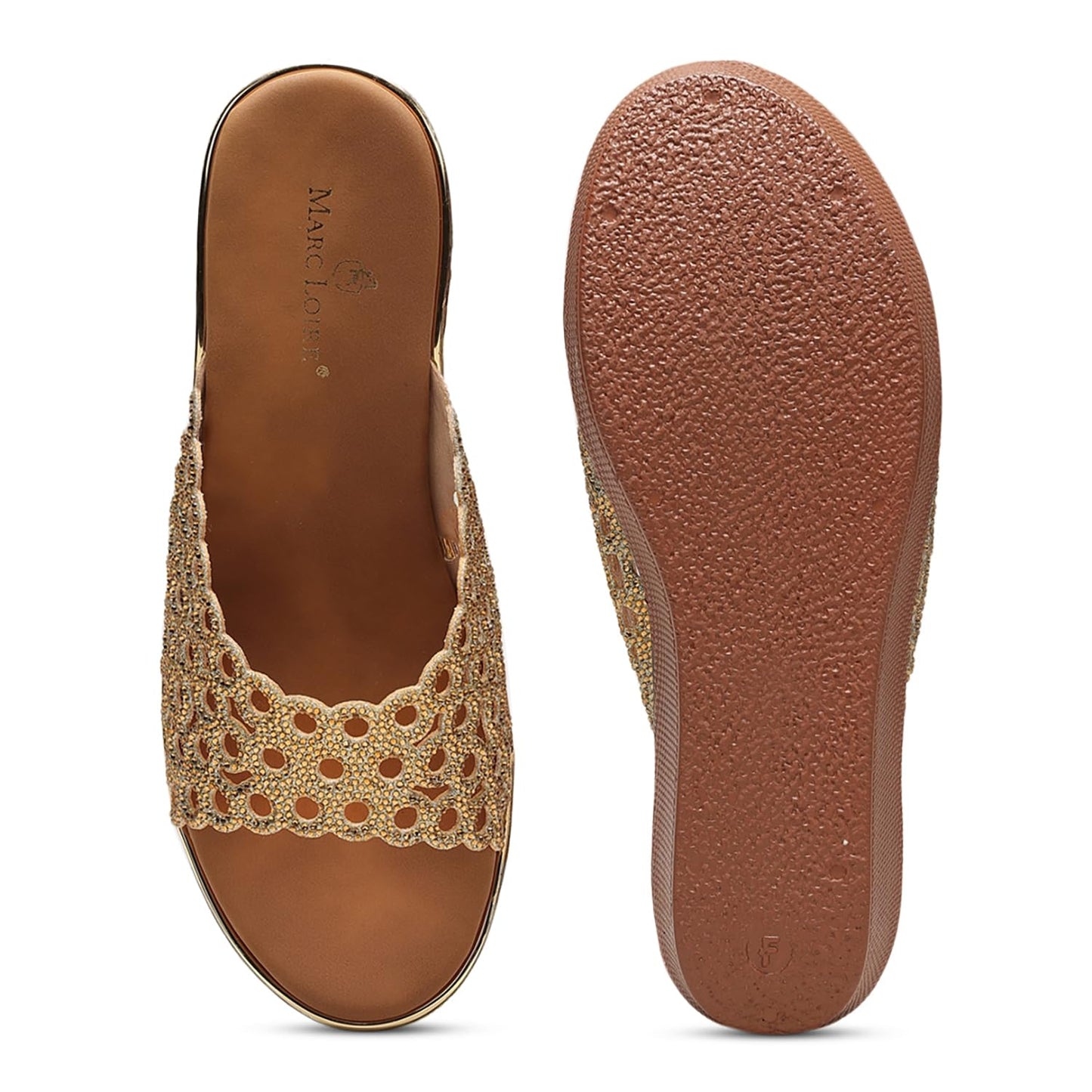 Marc Loire Women’s Flatform Heel Fashion Sandals | Elegant Embellished Slip-On Open Back Sandals for Casual, Ethnic & Party Outfits (Gold, UK Footwear Size System, Adult, Women, Numeric, Medium, 7)