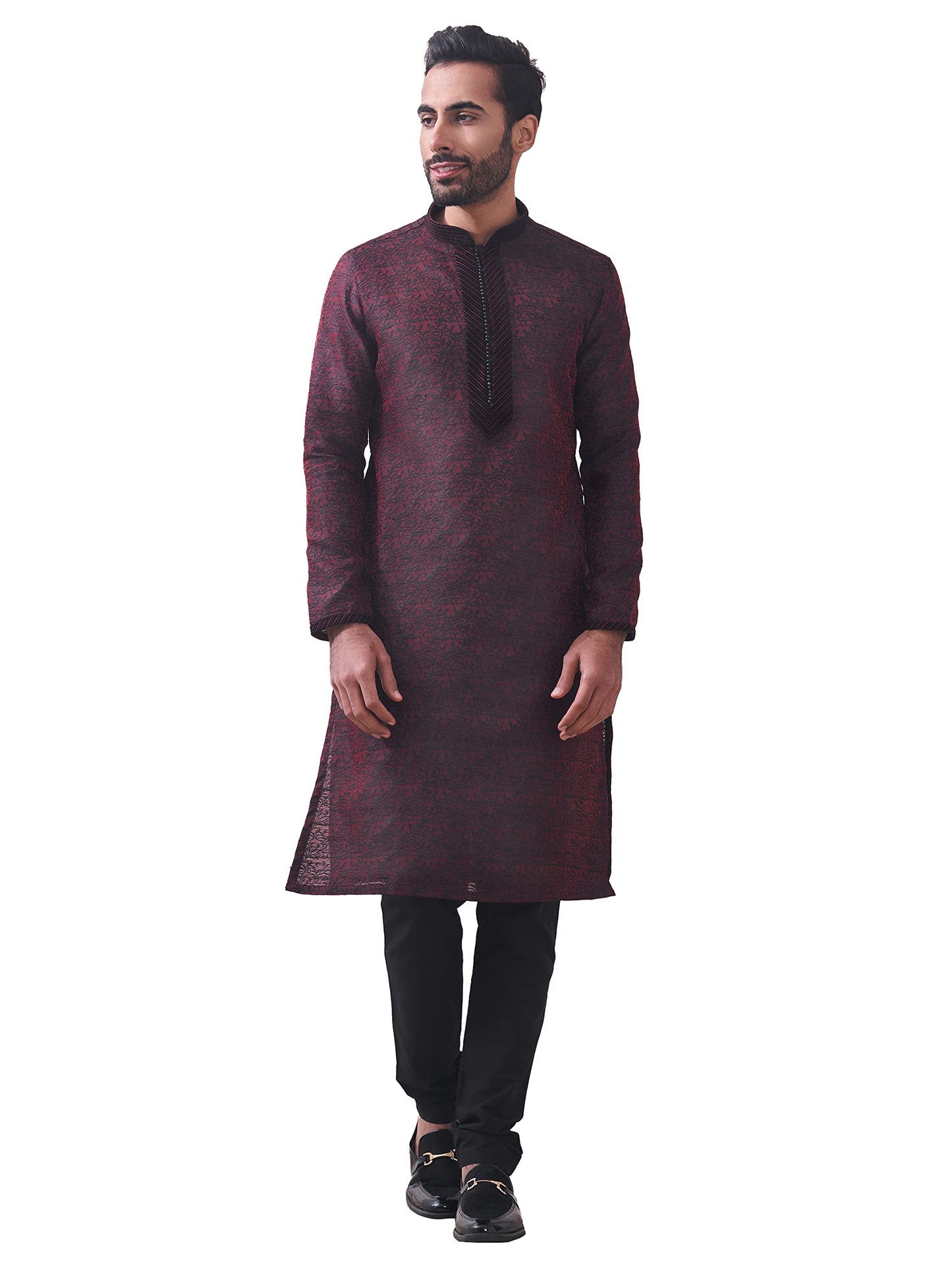 Manyavar Maroon Art Silk Full Sleeve Kurta Set | Traditional Kurta Set For Men (XL)