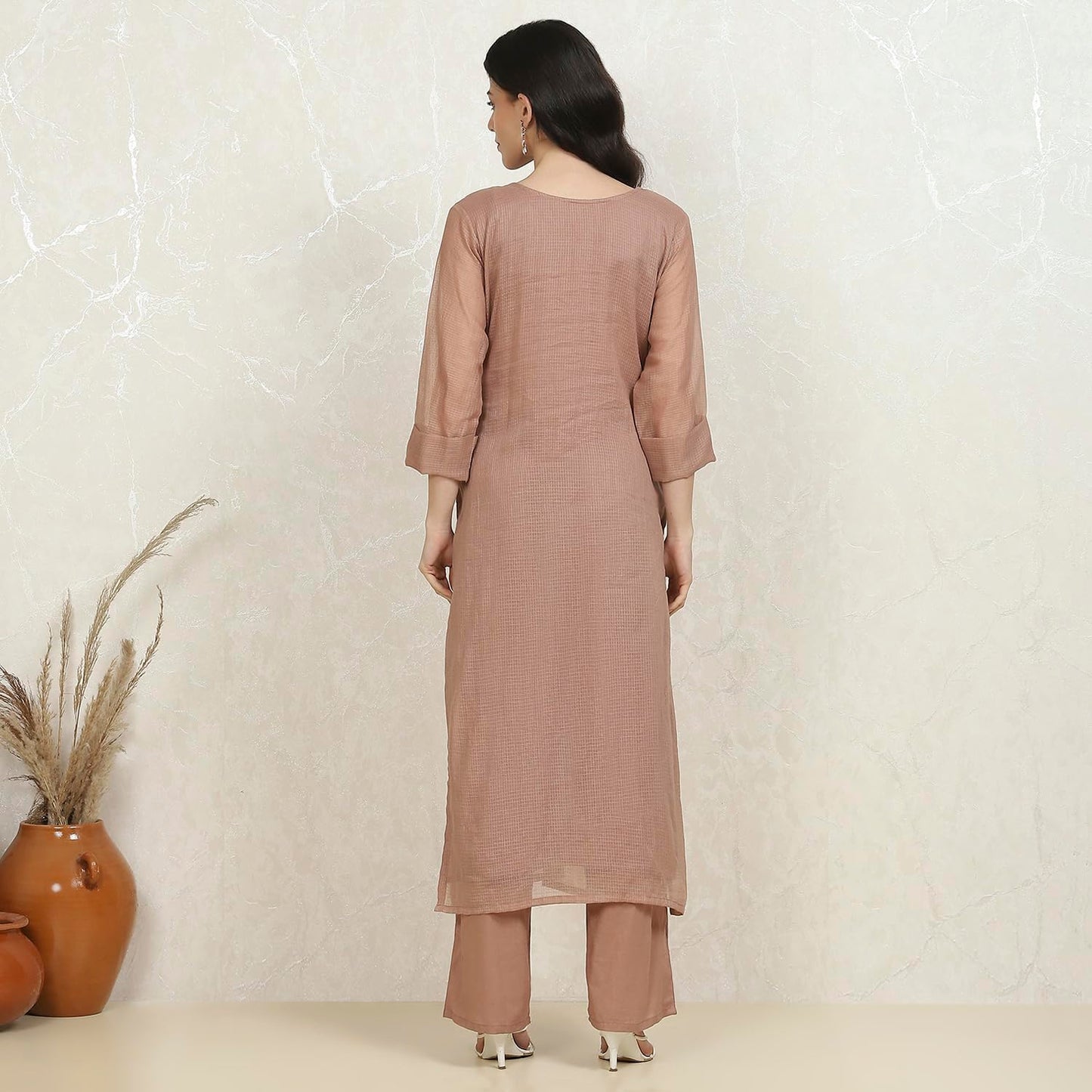 Biba Women's Brown Cotton Hand Embroidered Unstitched Suit Set