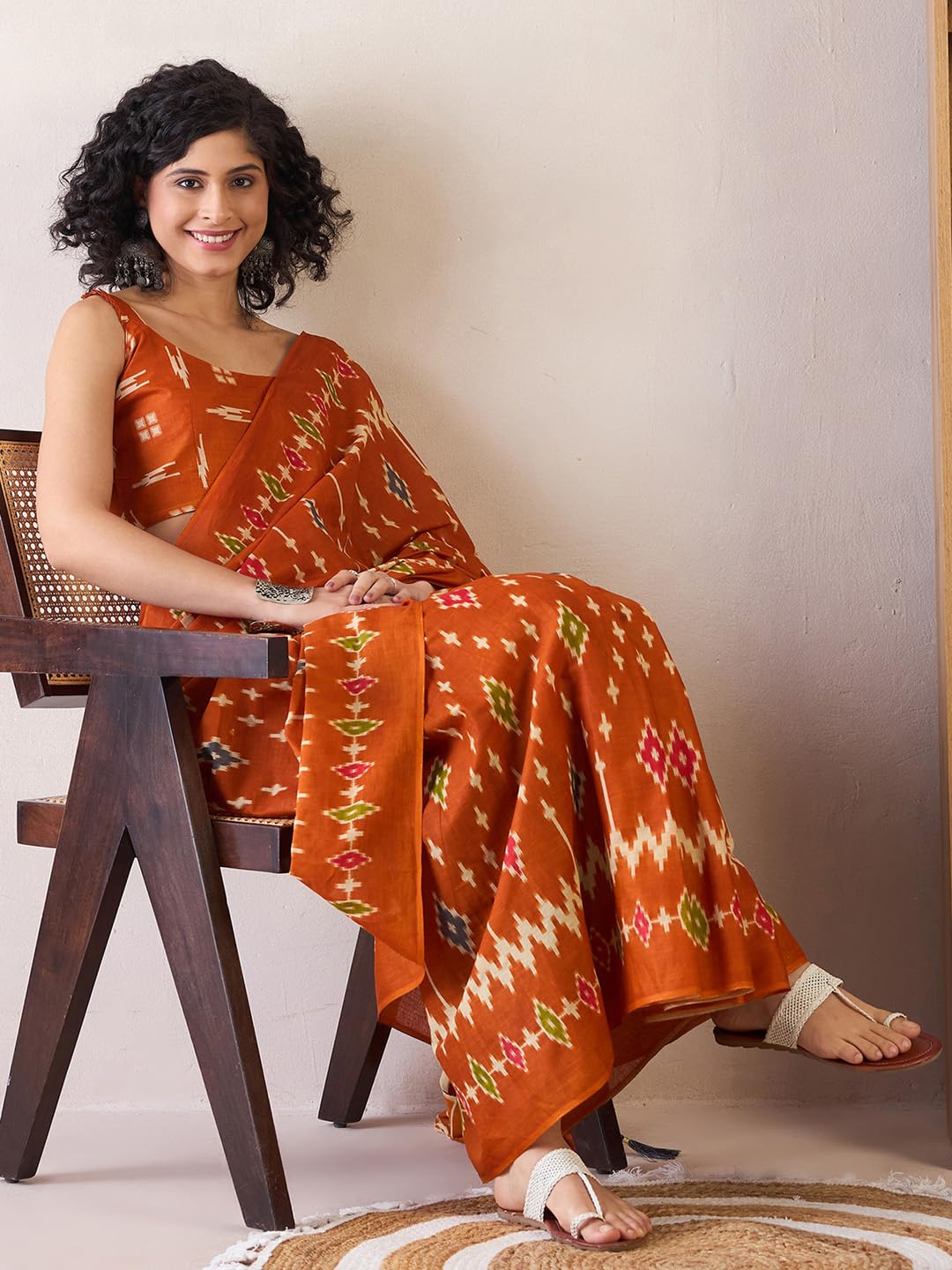 SAREE MALL Women's Orange Cotton Ikat Printed Ready To Wear one Minute Saree With Unstitched Blouse Piece(RTWMINAXI6301_SMC)