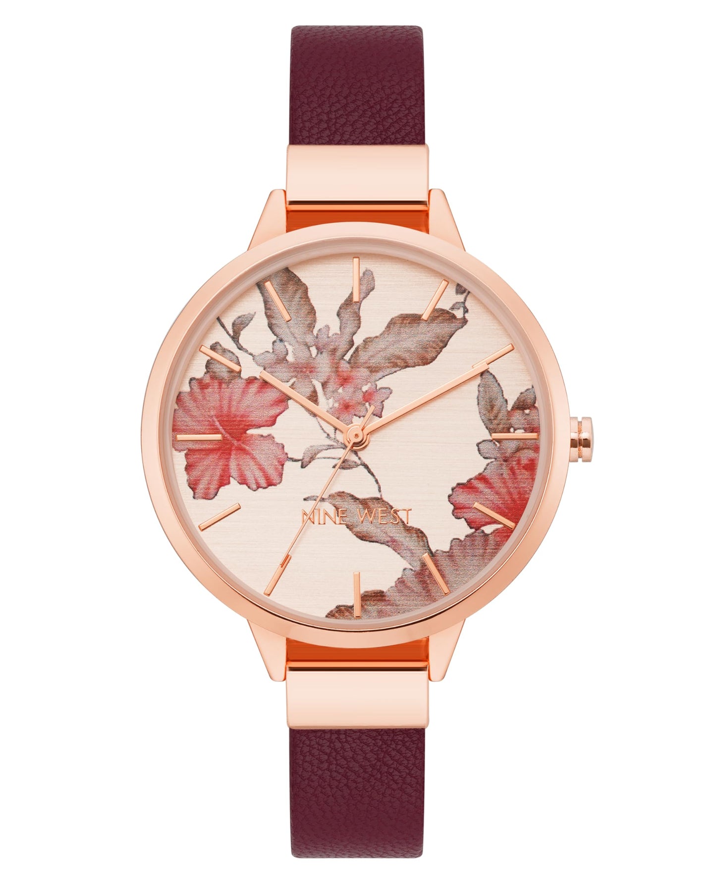 Nine West Women's Floral Dial Analog Watch, Burgundy Faux Leather Band, Vegan Leather Strap, Limited Movement, Rose Gold-Tone Textured Face with Floral Design