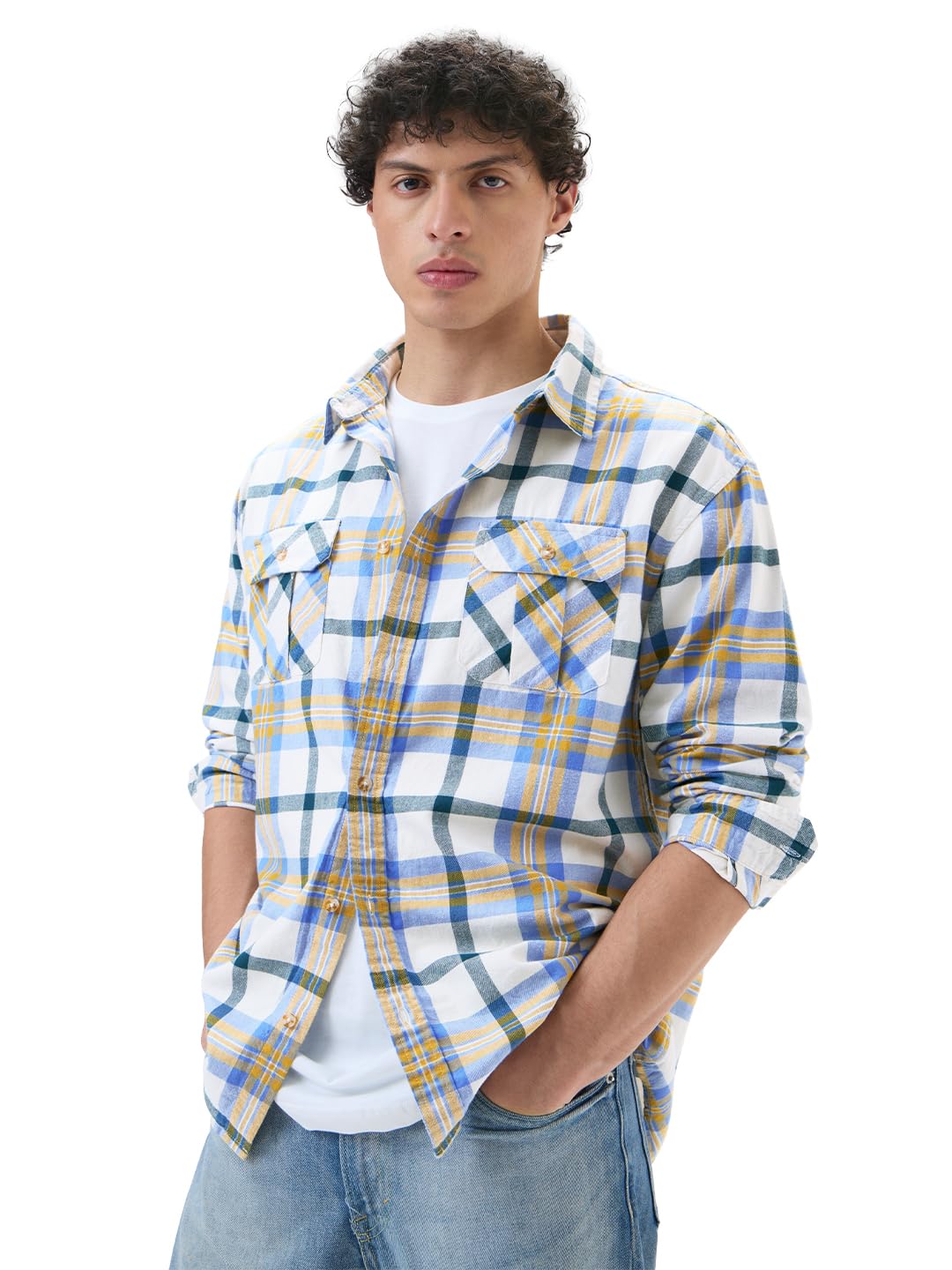 The Souled Store Plaid: Sailor Men and Boys Long Sleeves Collared Neck Button Front White Cotton Regular Fit Utility Shirts