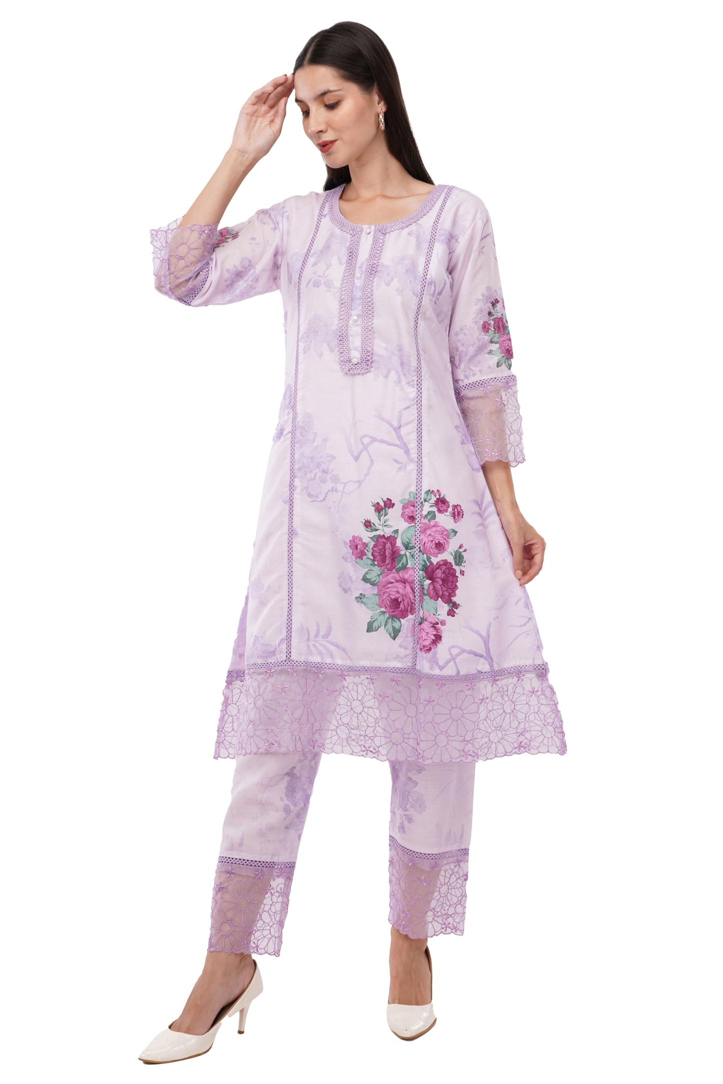 dhartii Lavender Suit Set for Women | Breathable Soft Cotton fabric for Effortless Comfort | 3- Piece Floral Printed Dress with Stylish Sheer Detailing | Elegant Ethnic Wear with a Relaxed Fit |