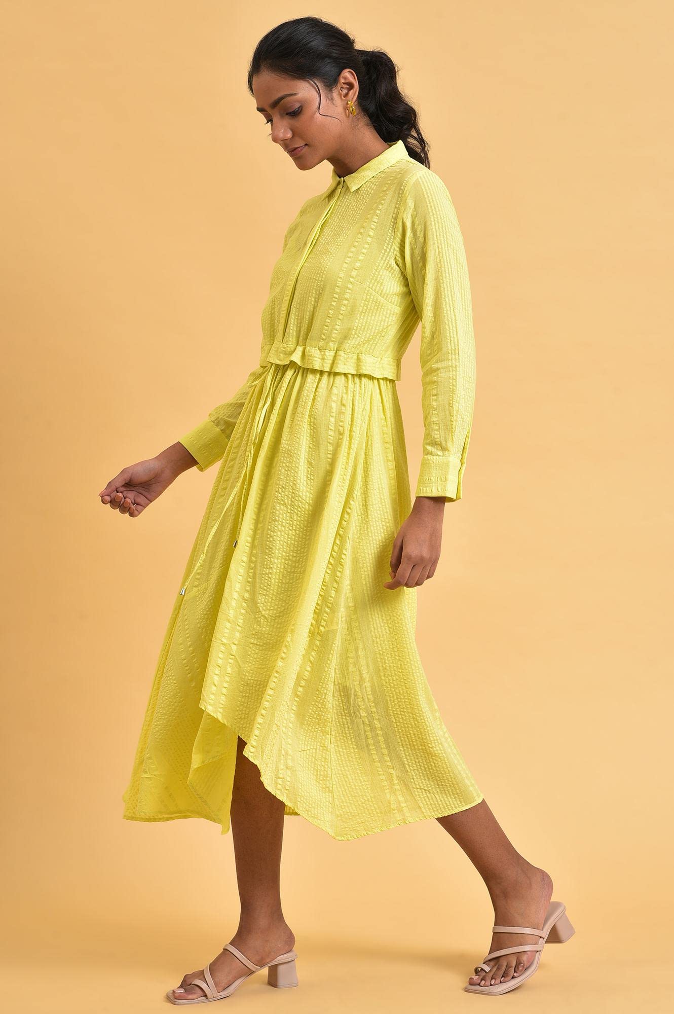 W for Woman Women's Cotton Green Gathered Shirt Collar Dress Calf Length (23FEW18705-312376_Celery 12)
