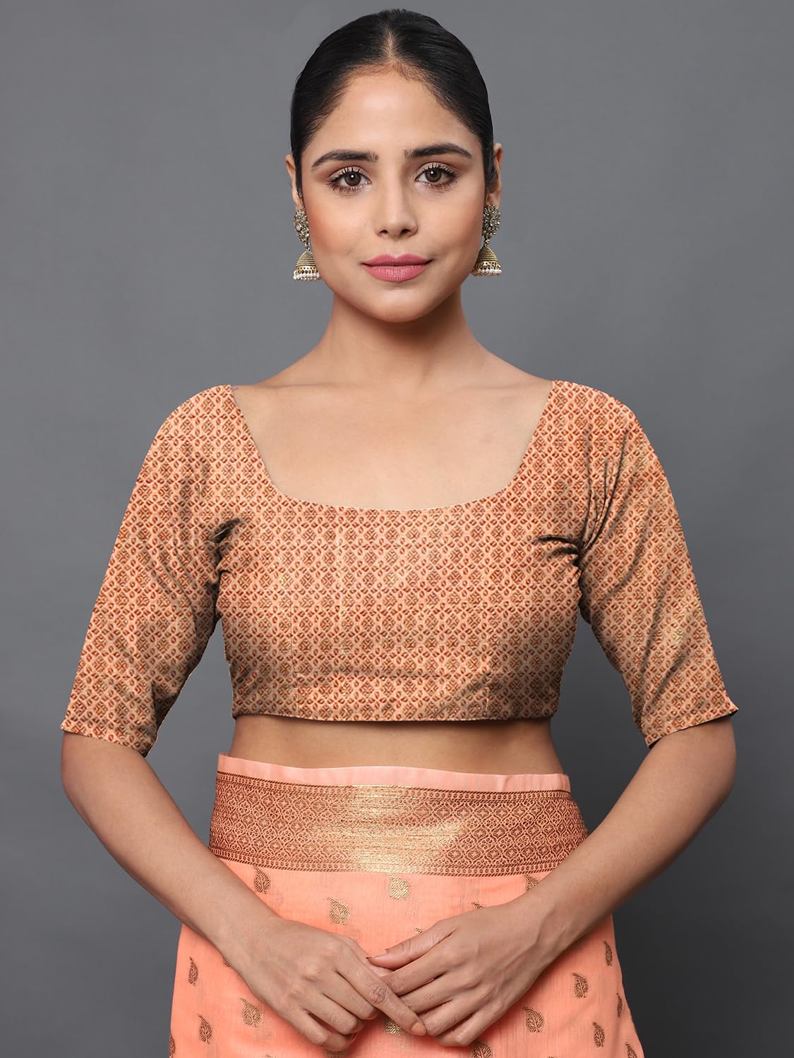 leeza store Women's Peach Cotton Silk Blend Golden Zari Tree Pattern Border Rich Pallu Banarasi Saree With Blouse Piece