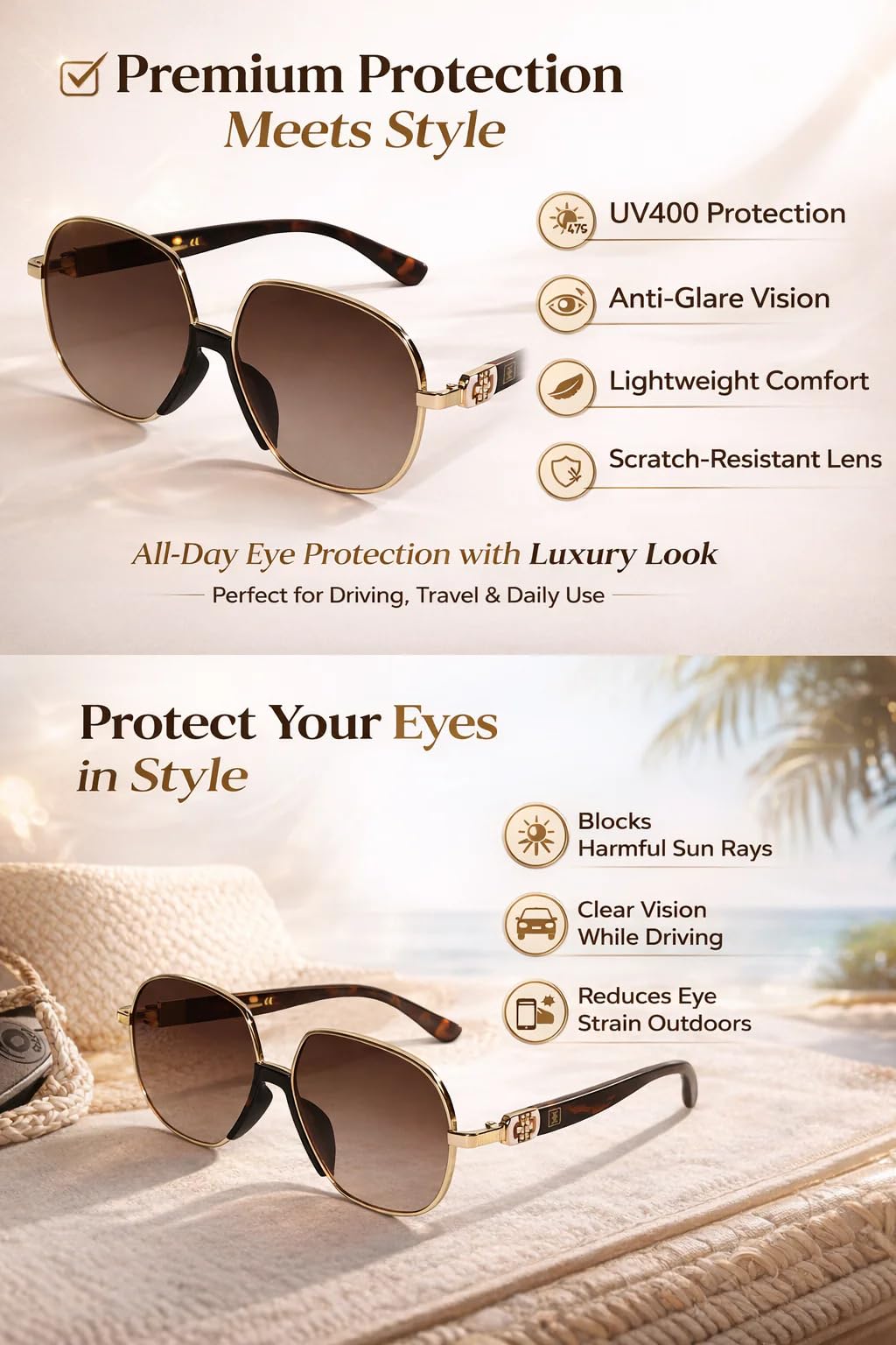 ELINE Hexaganol Sunglasses For Women | Branded Stylish Designer Polarized &100% UV Protection Glasses | | (Brown)