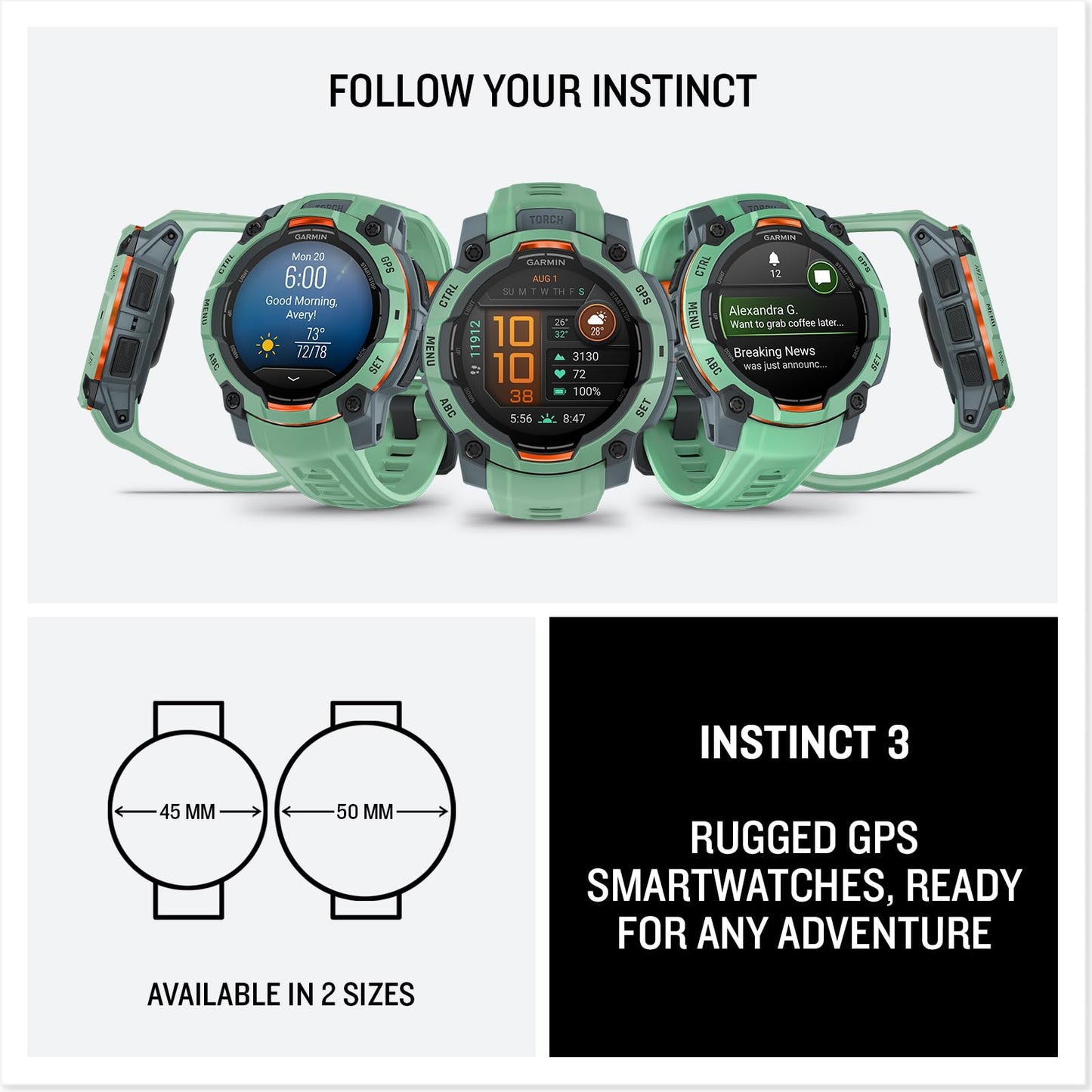 Garmin Instinct® 3 45mm, AMOLED Display, Rugged Outdoor GPS Smartwatch, Metal-Reinforced Bezel, Built-in Flashlight, Up to 18 Days of Battery Life, Neo Tropic