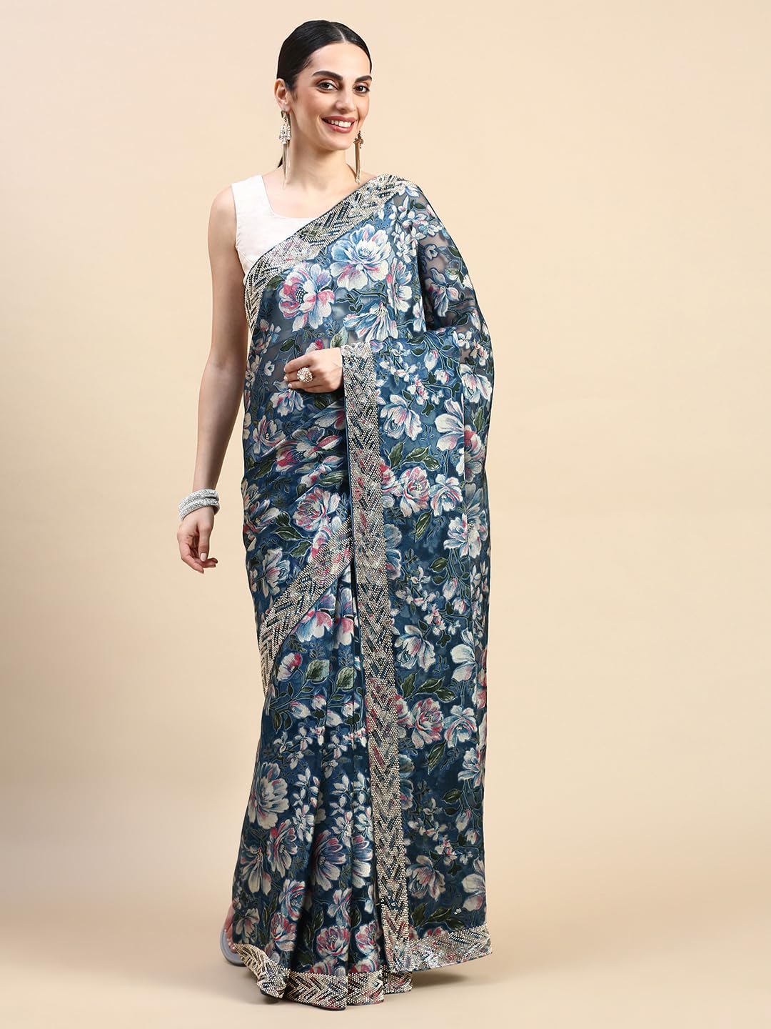 MOHEY Blue Organza EMBROIDERY|Cutdana|Printed|Stone Saree for Women