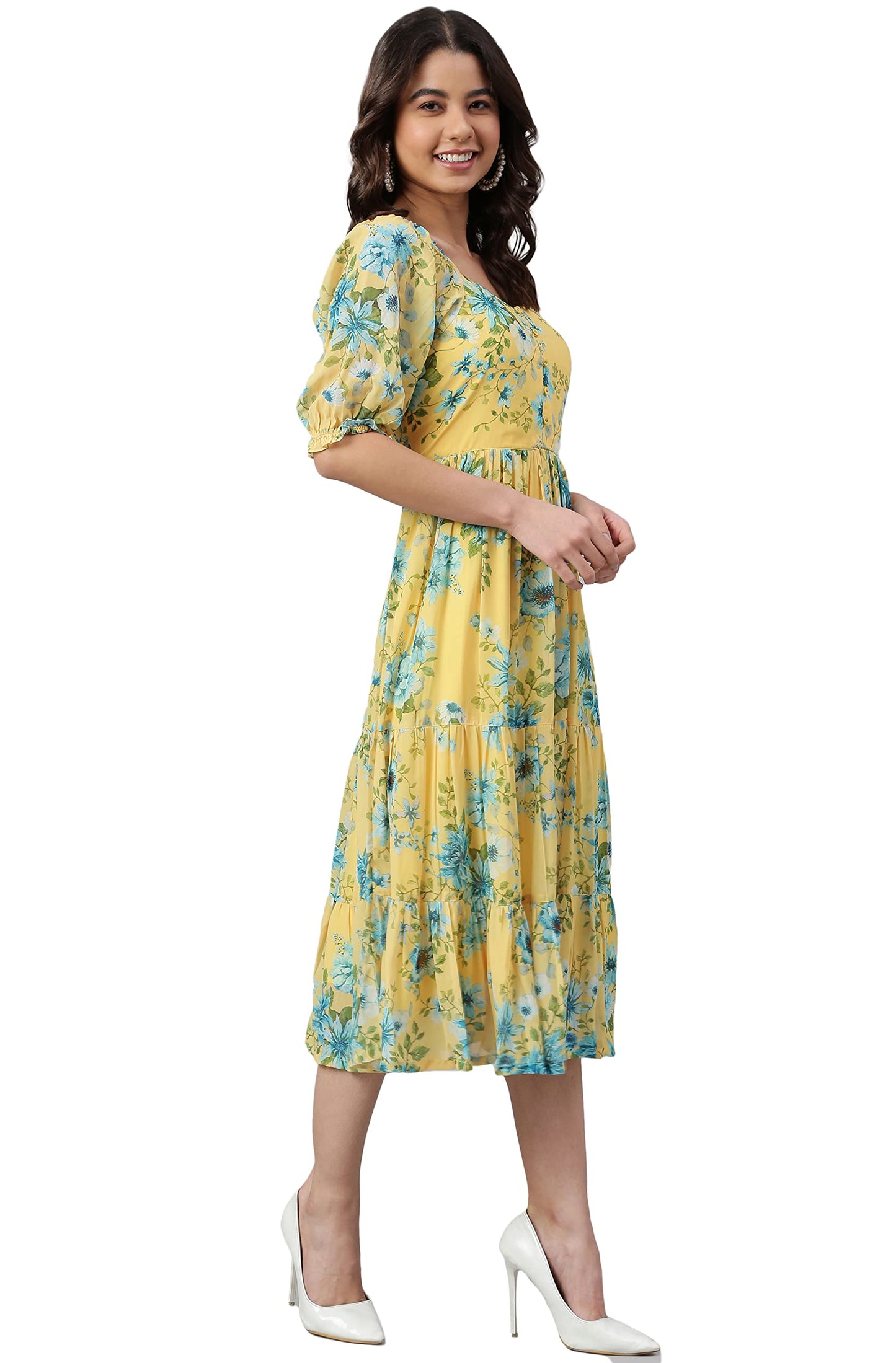 Janasya Women's Yellow Georgette Floral Printed Flared Western Dress(J0433-DR-J-S)