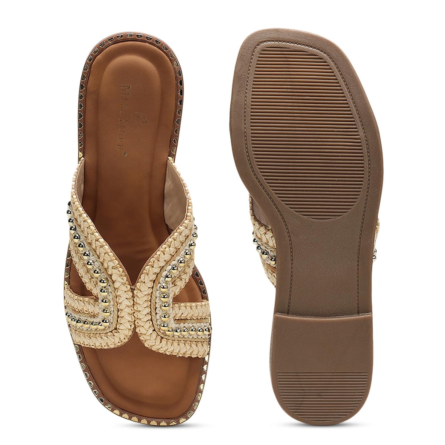 Marc Loire Women Smart Casual Embellished Slip-On Flats | Open Toe Fashion Sandals with Comfortable Sole (Gold, UK Footwear Size System, Adult, Women, Numeric, Medium, 7)