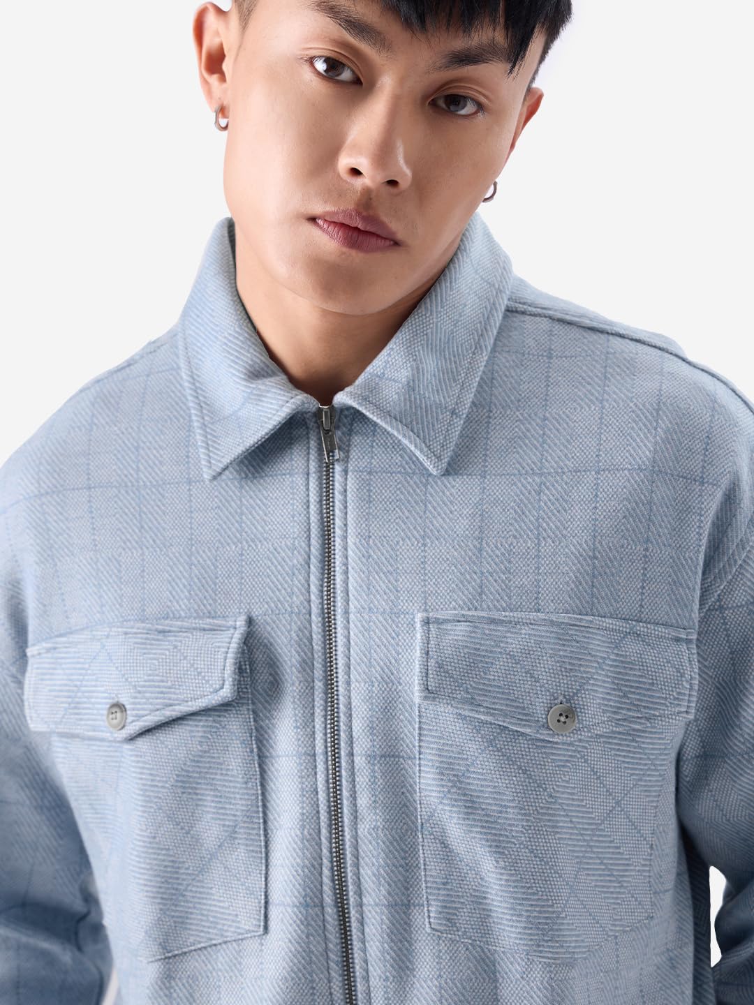 The Souled Store Blue Windowpane Men and Boys Long Sleeve Zipper Front Collared Neck Oversized Fit Shackets