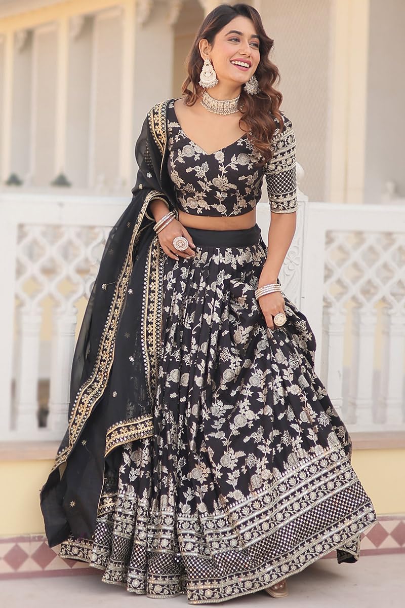 NONITA FASHION Black Georgette Lehenga, Floral Jacquard Embroidery, Mirror Work