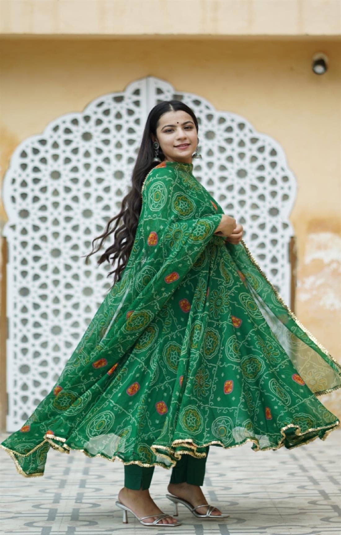 GoSriKi Women's Georgette Bandhani Printed Anarkali Kurta and Pant with Dupatta Set (Preeti Green_L-GS_Green_Large)