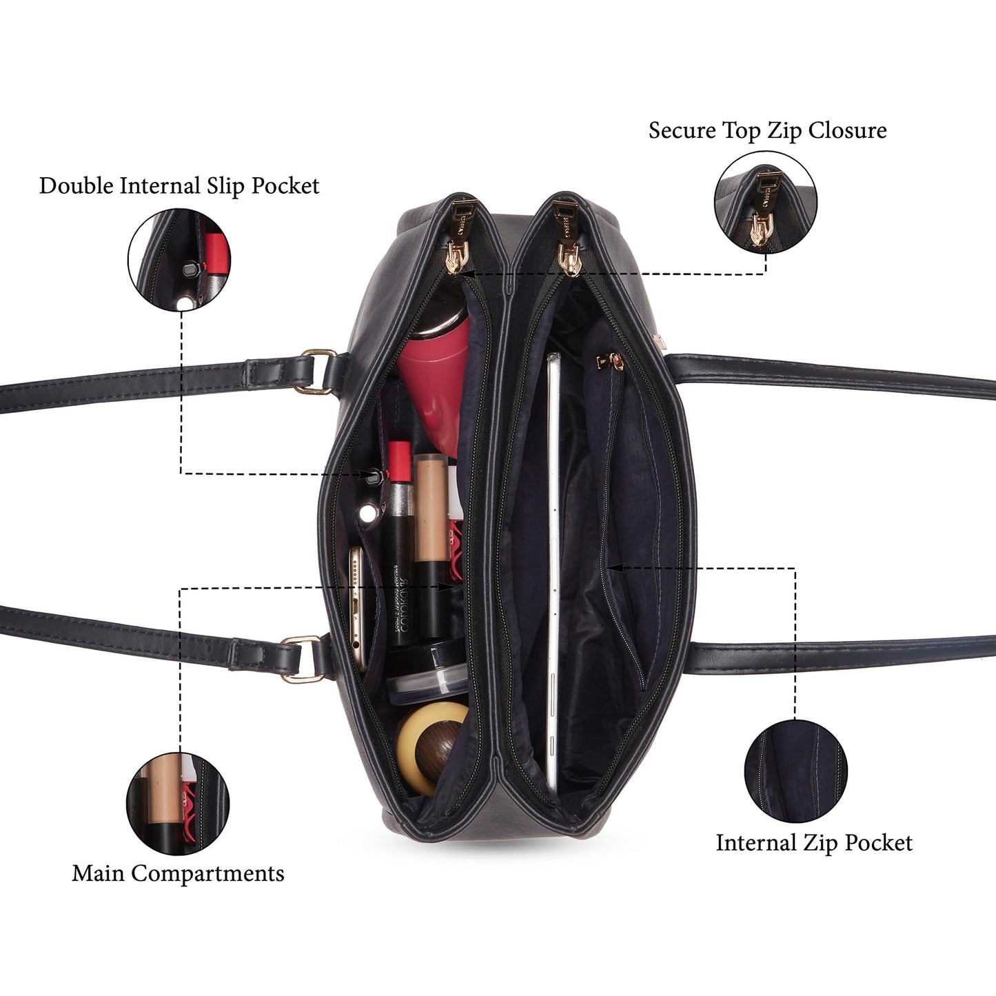 Caprese Sunny Tote Medium Bag for Women with Multi-Compartment & Comfortable Straps | Ideal for 16 inch Laptop Bag | Stylish, Durable Design for Work, Travel, Shopping, Essentials & Daily Use (Black)