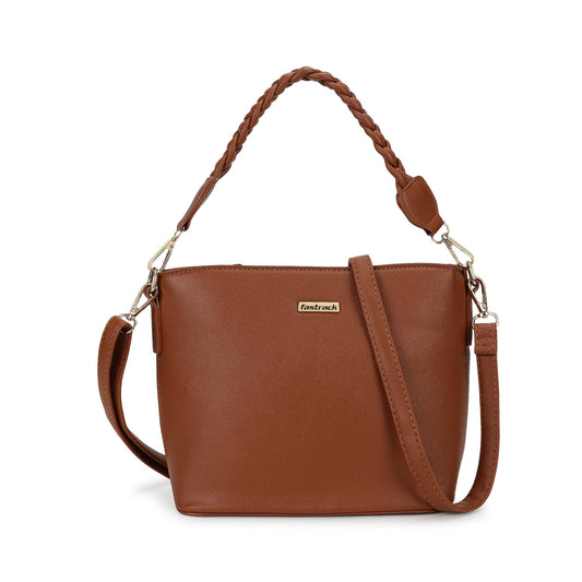 Fastrack Women Dual Carry Sling Bag | Detachable Braided Handle and Adjustable Sling Belt, Top Zip Closure, Inner Zip and Slip Pockets | Sling Bag for Casual Carry, Tan