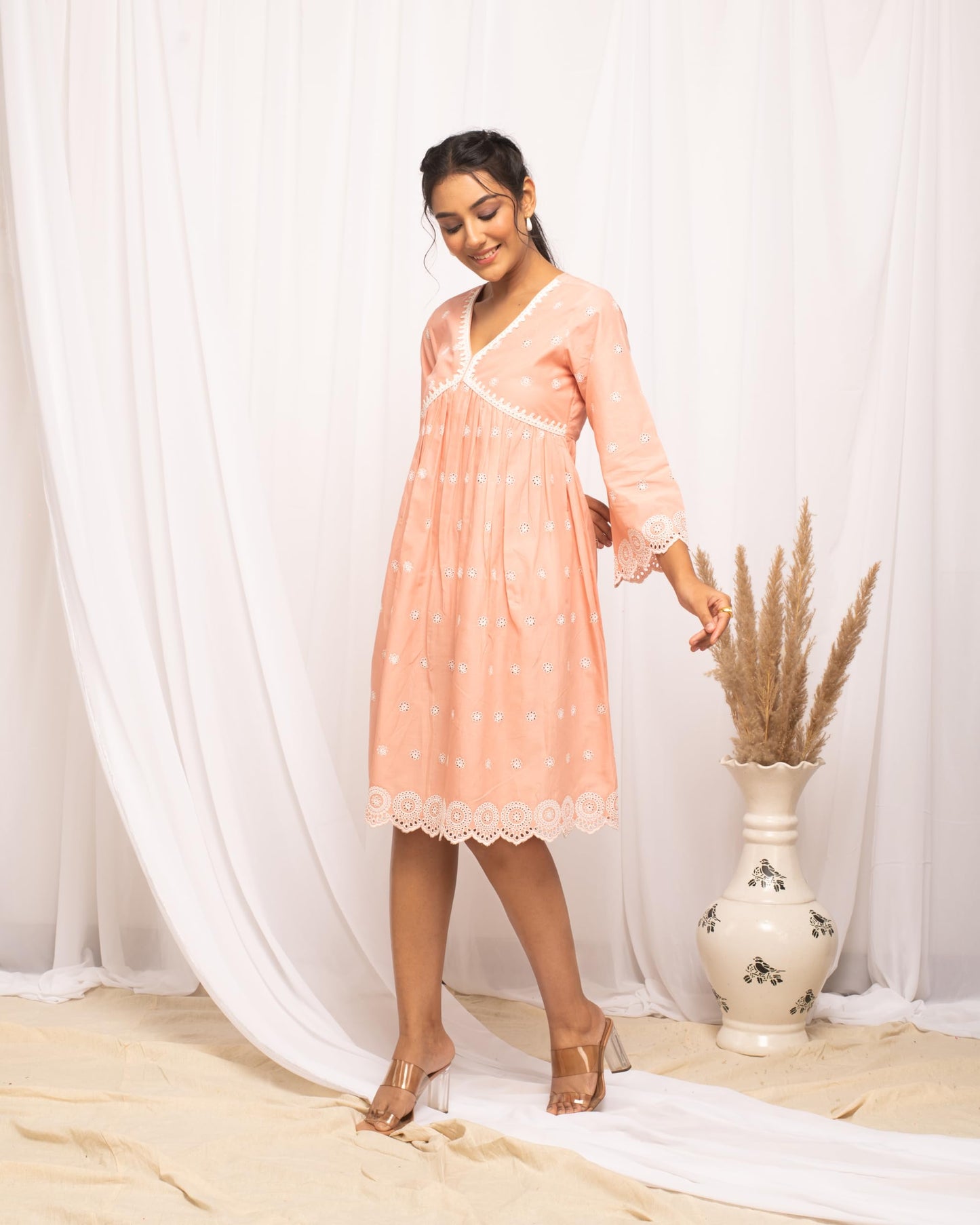 FIORRA Women's Peach Schiffli Work Cotton Skater Dress DR0007