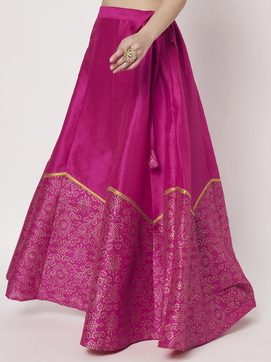 studio rasa Women's Dupion Block Printed Half and Half Kalidaar Skirt Wedding Festive Party (SKTC72514L_Pink_Large)