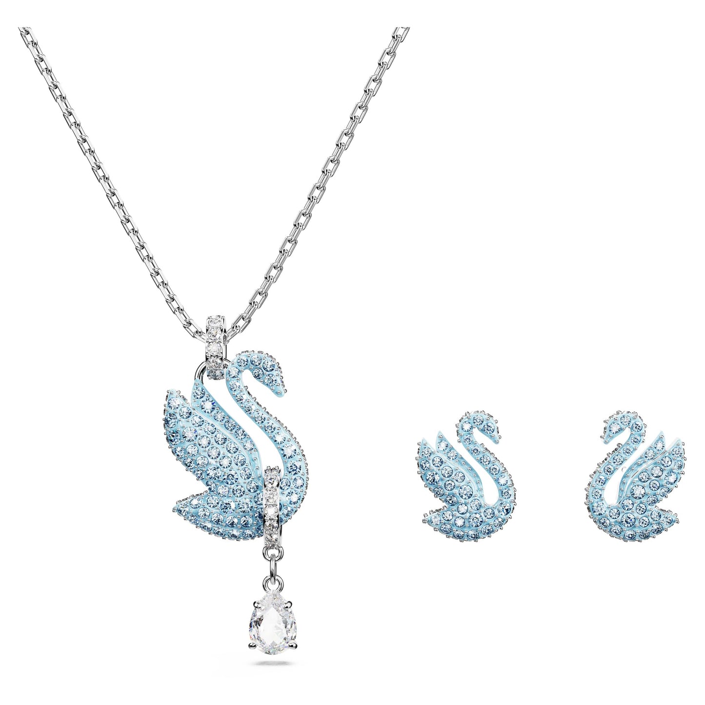 Swarovski Iconic Swan Pendant and Earrings set, Swan, Blue, Rhodium plated