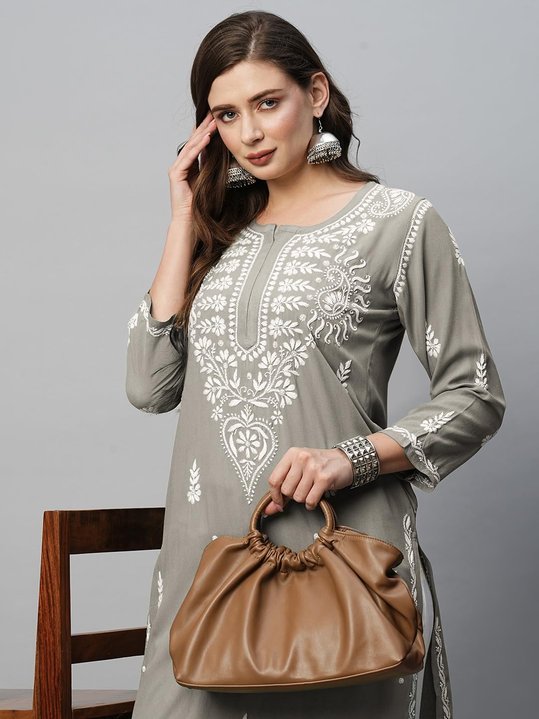 Ada Hand Embroidered Ethnic Wear Straight Rayon Lucknow Chikankari Kurta Kurti Tunic for Women A411492 Grey (M)